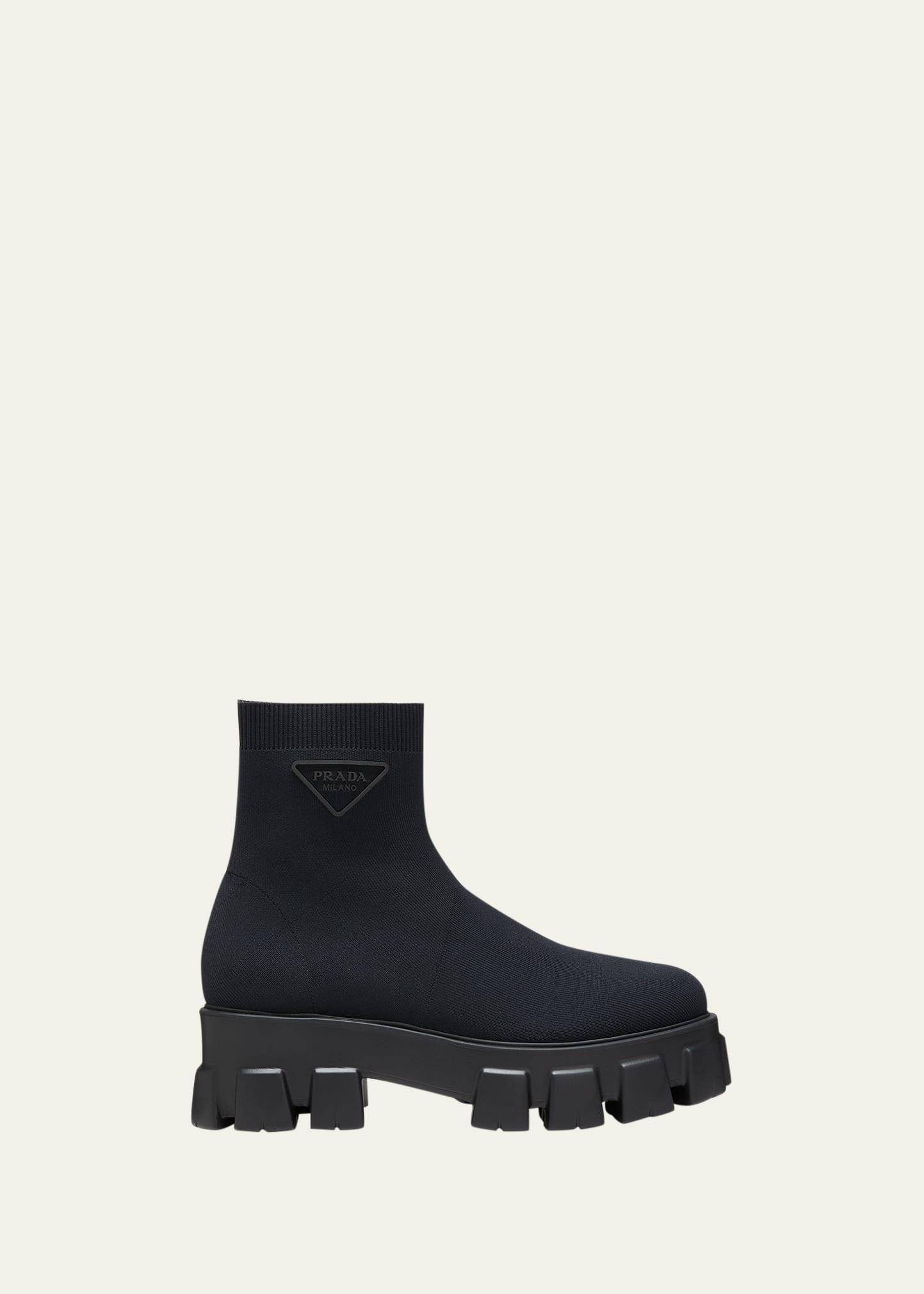 Prada Monolith Lug Sole Knit Booties in Blue Lyst