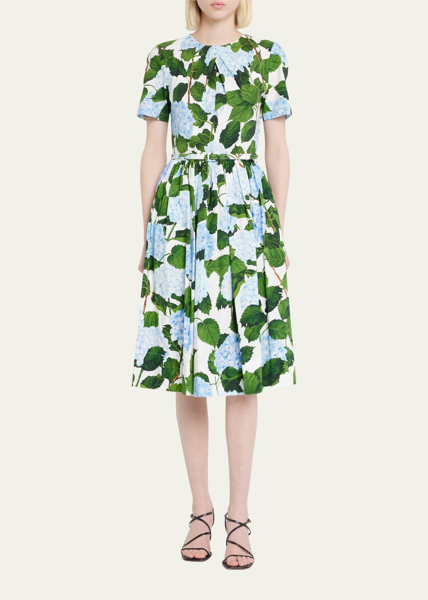 Oscar de la Renta Hydrangea Print Poplin Midi Dress in Green | Lyst