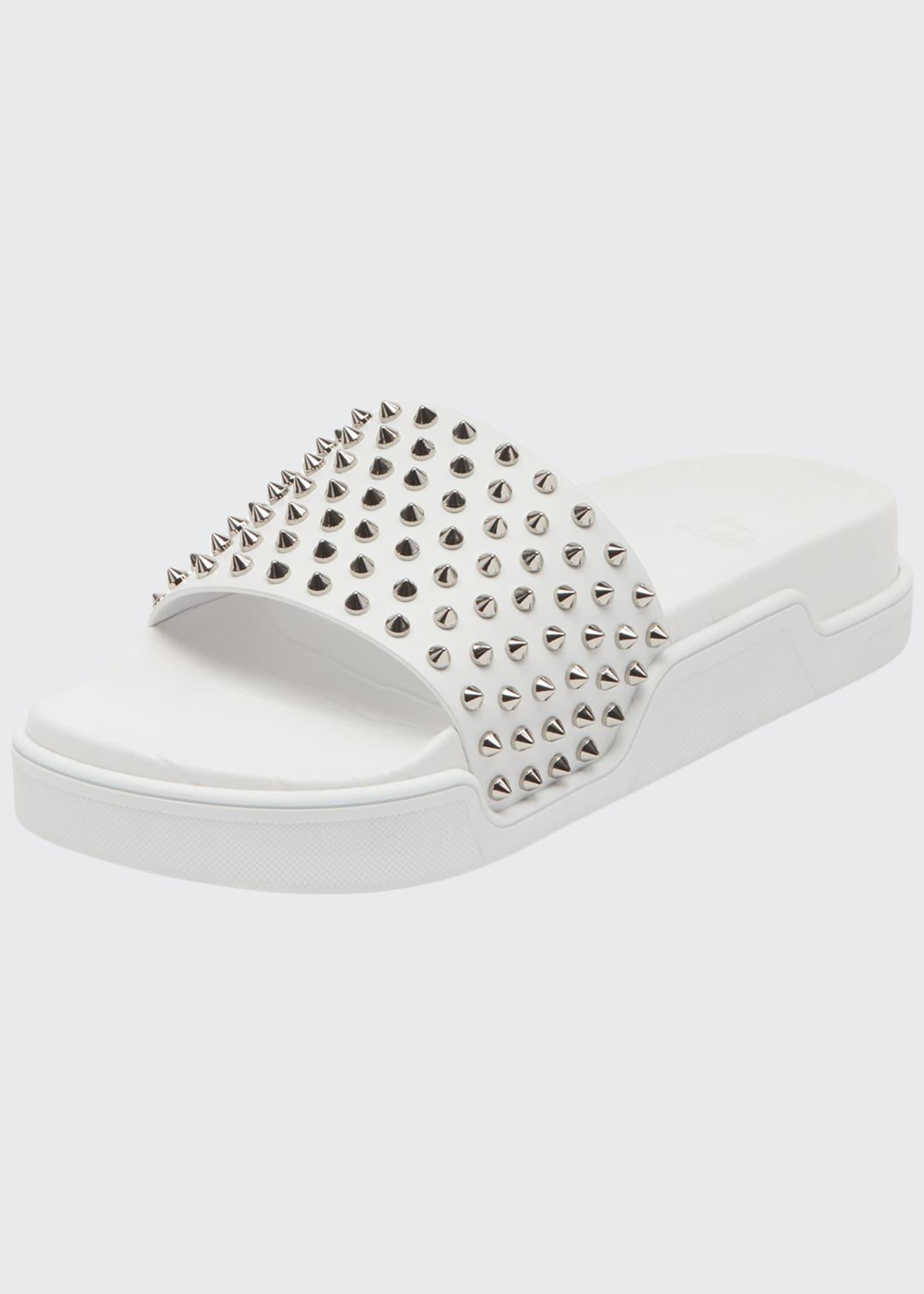 Christian Louboutin Men's Spiked Leather Pool Slides In White