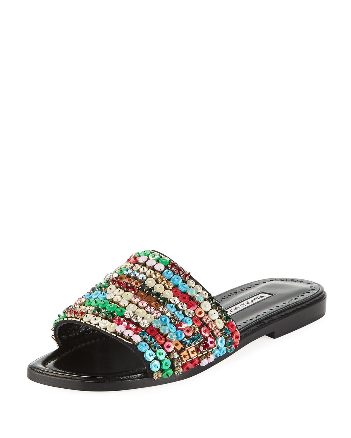 Manolo Blahnik Leather Gioiosa Embellished Flat Slide Sandals in Black - Lyst