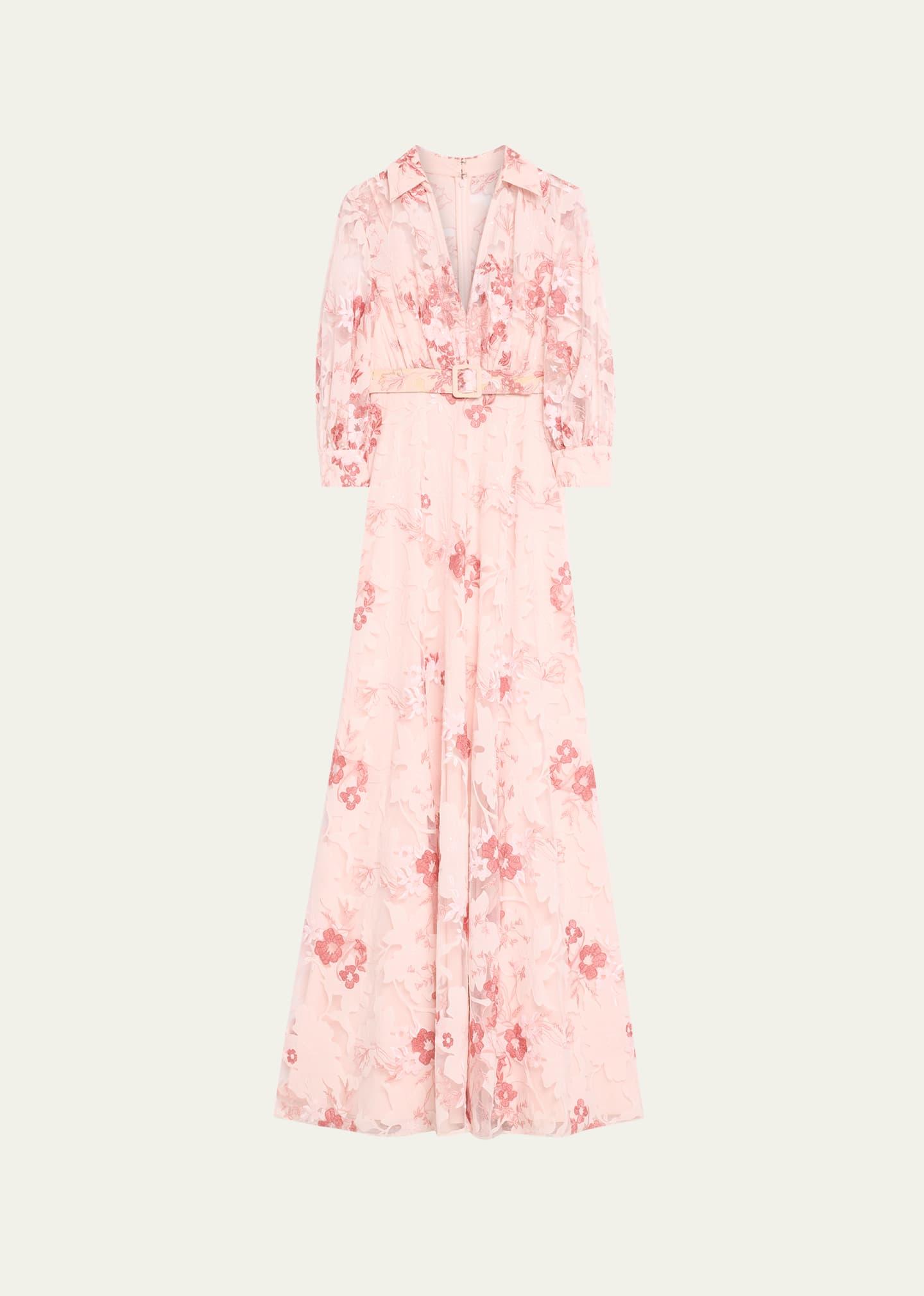 Badgley Mischka Blouson-sleeve Lace Applique Shirt Gown in Pink | Lyst