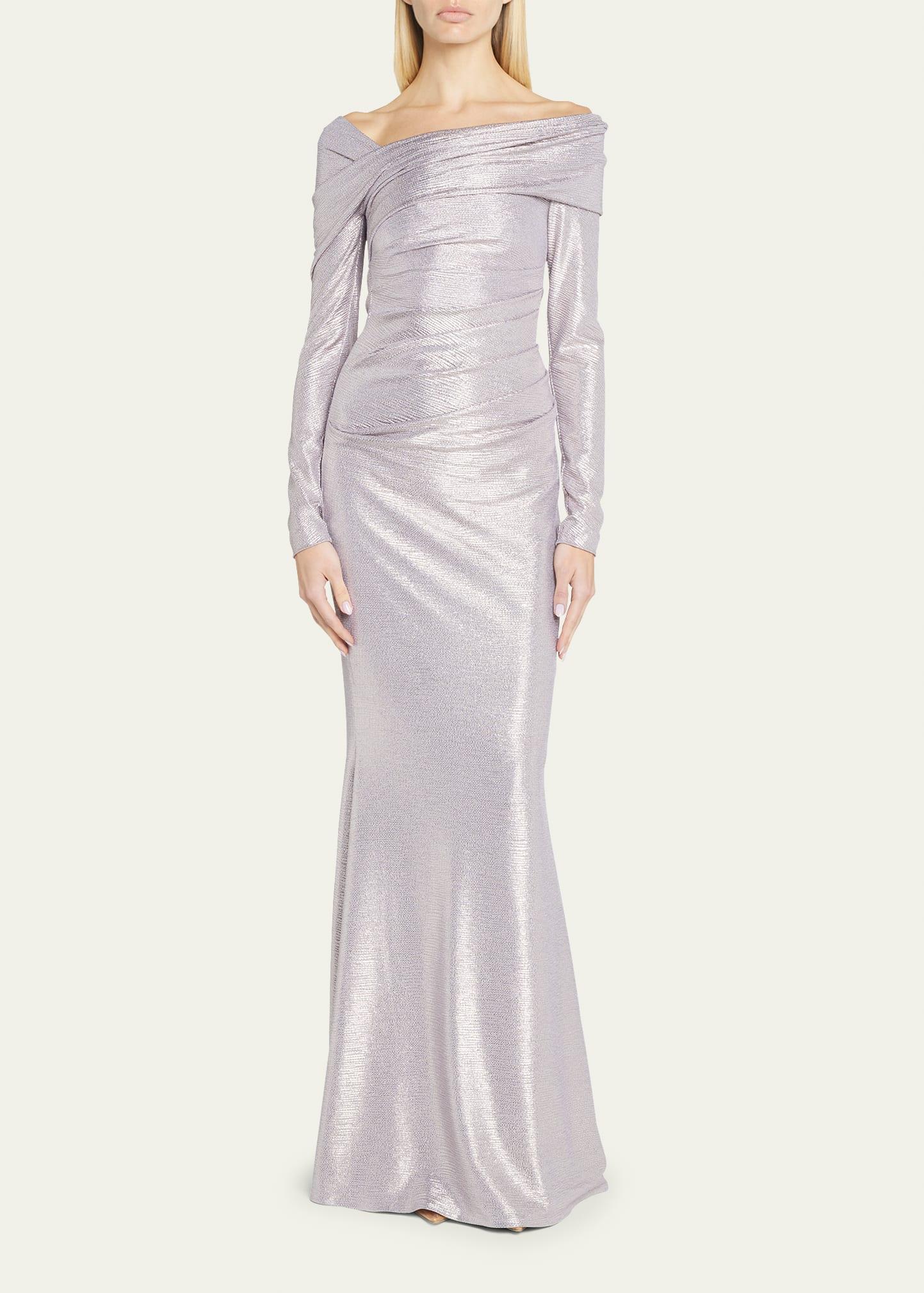 Talbot Runhof Mirrorball Stretch Off-the-shoulder Draped Gown in Purple ...