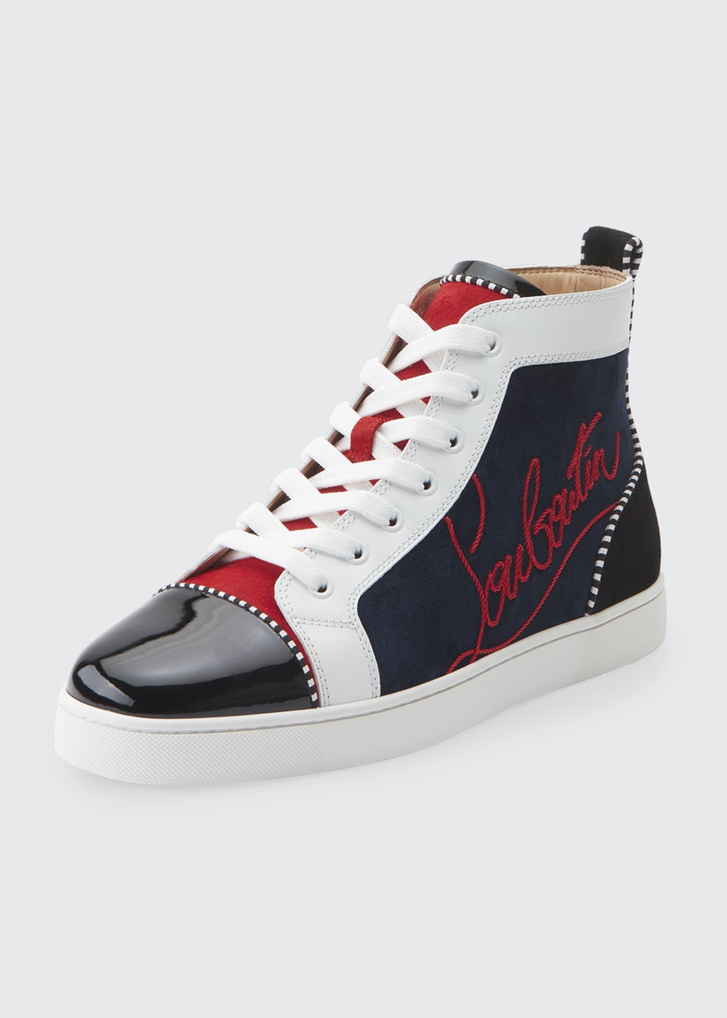 Christian Louboutin Men's Louis Orlato Check High-Top Sneakers - Version Navy - Size 10