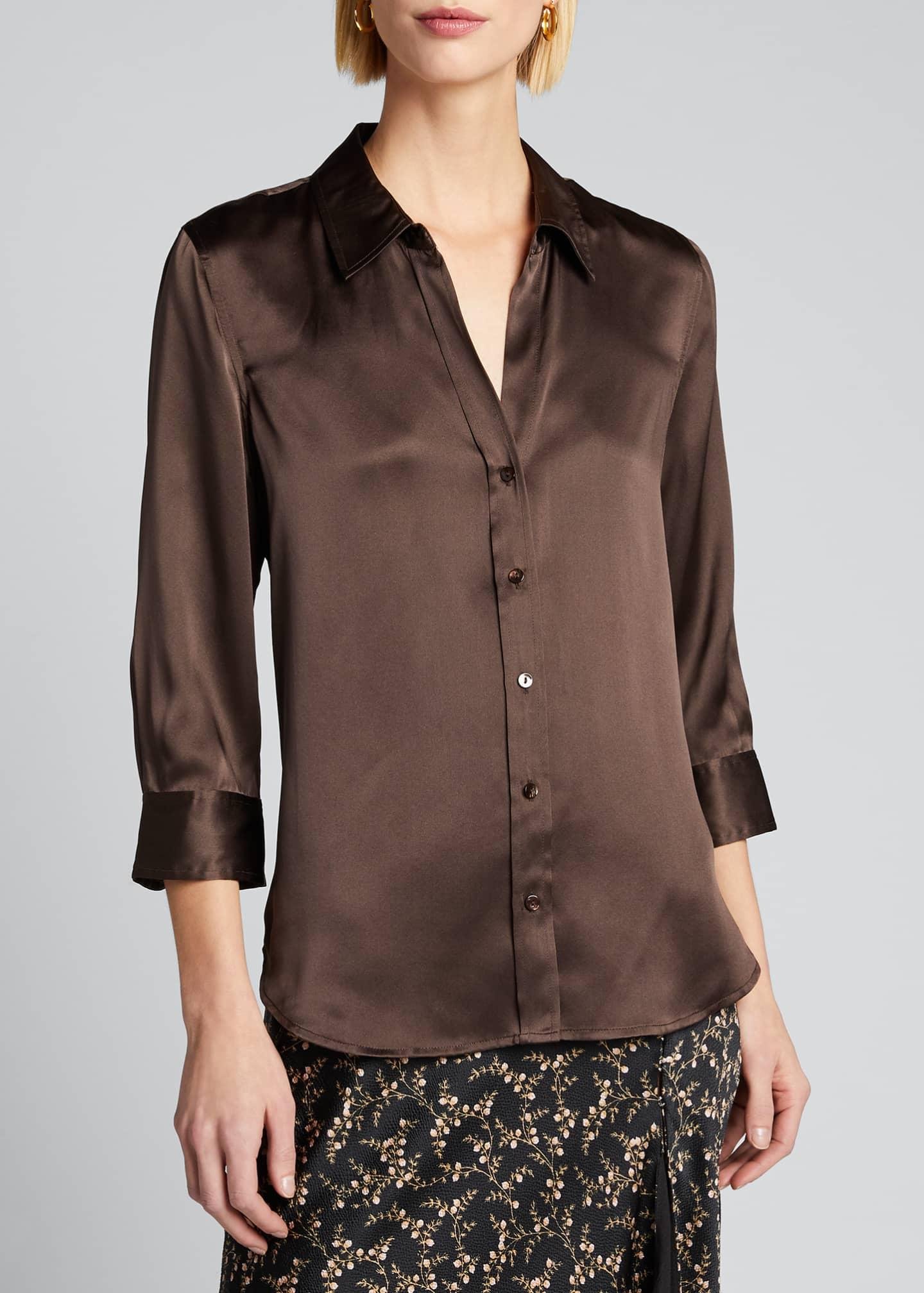 L'Agence Dani Silk Satin 3/4sleeve Buttondown Blouse in Black (Brown