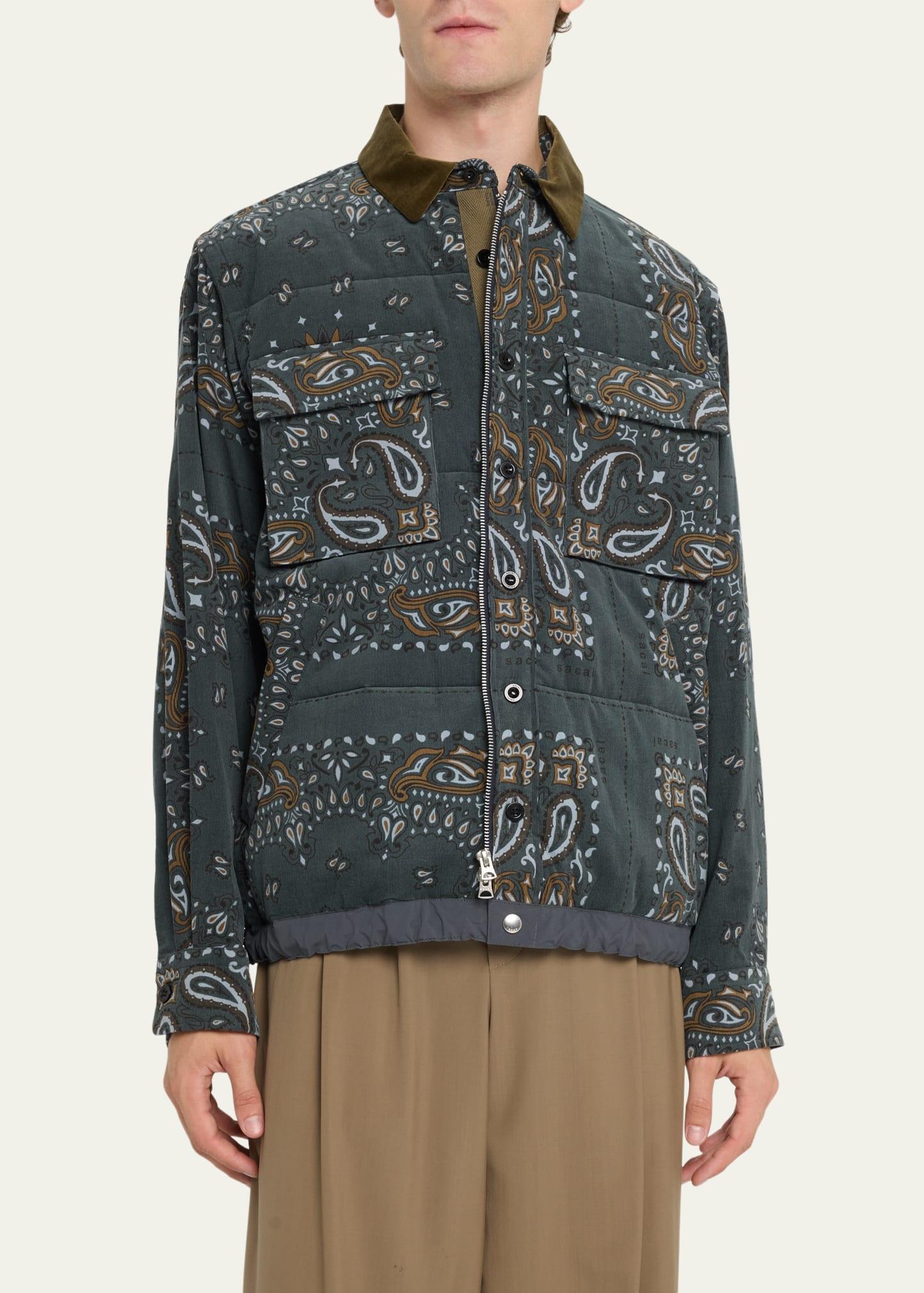 Sacai Bandana Print Quilted Cotton Shirt Jacket in Gray