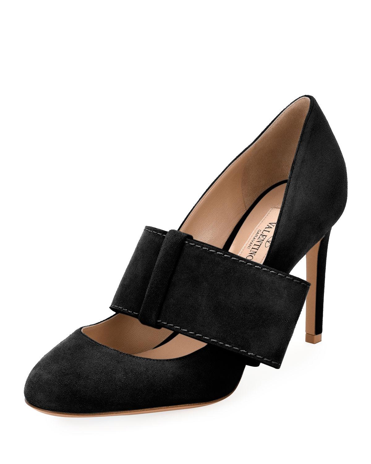 Valentino Suede Mary  Jane  Bow  Pump in Black Lyst