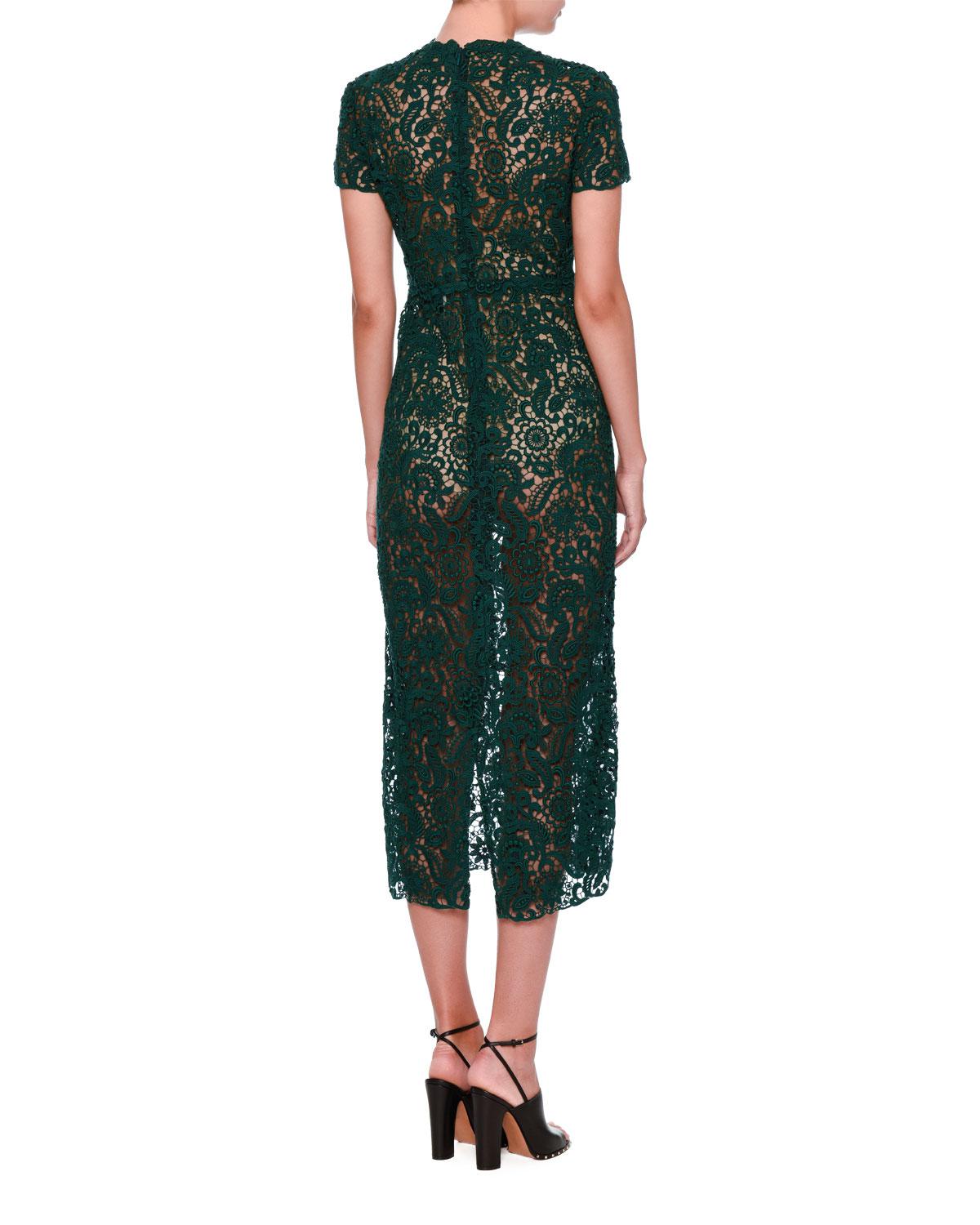 Valentino Short-sleeve Lace Midi Dress in Yellow - Lyst