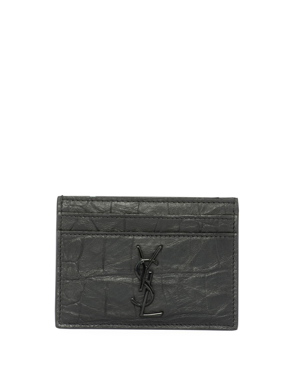 Saint Laurent Ysl Monogram Crocembossed Leather Card Case in Black for
