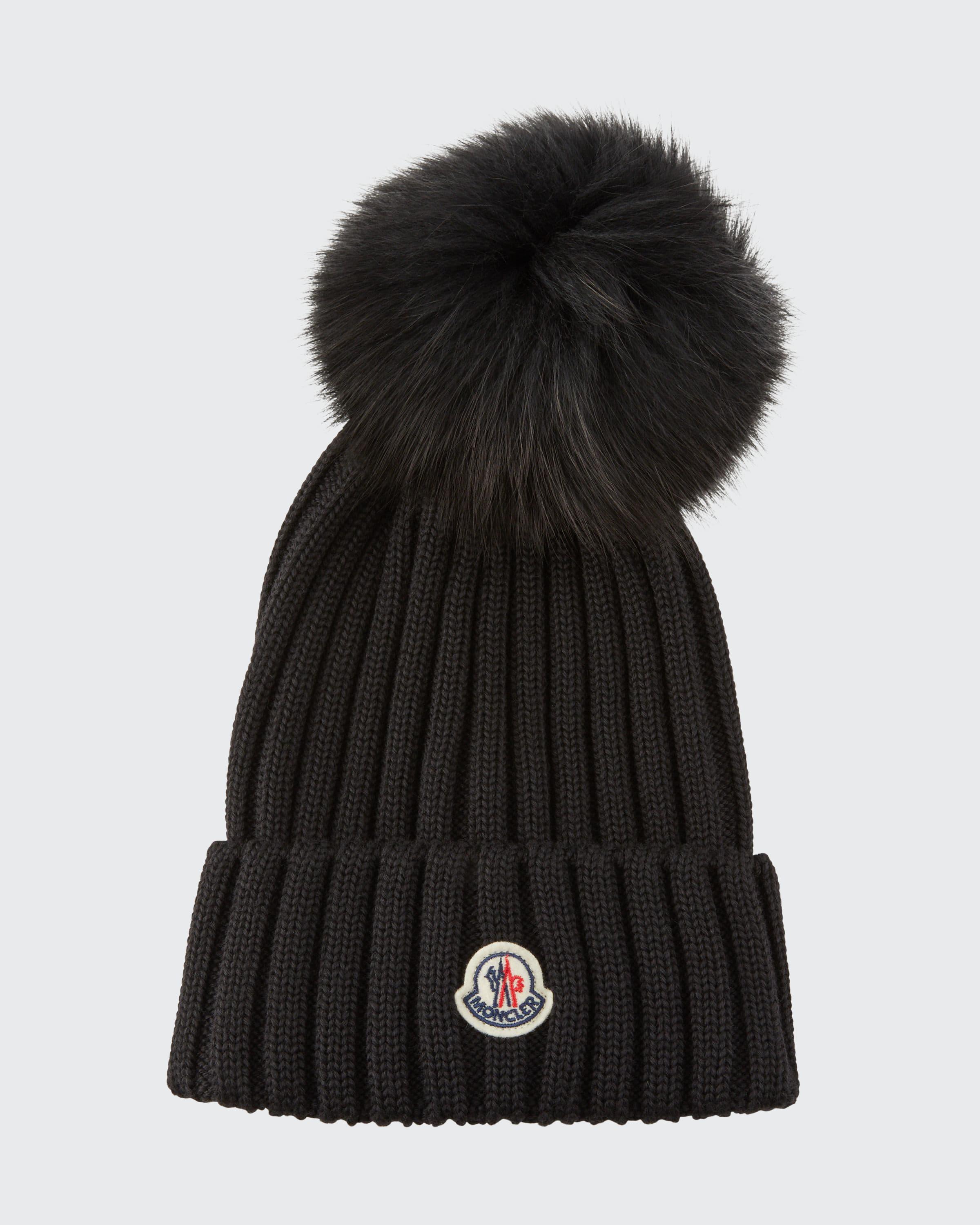 Moncler Ribbed Wool Beanie With Fur Pompom in Black | Lyst