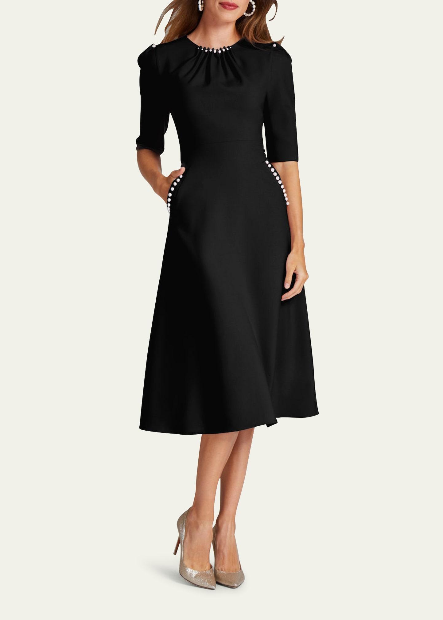 Teri Jon Pearltrim Ruched Crepe Midi Dress in Black Lyst
