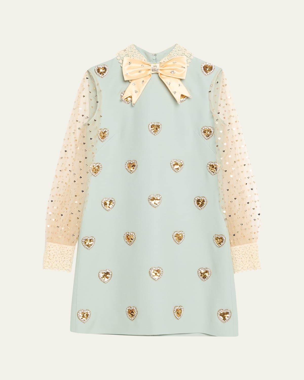 Valentino Garavani Bow Crystal Heart Sheer Sleeve Wool Mini Dress in Blue | Lyst Valentino Garavani Bow Crystal Heart Sheer Sleeve Wool Mini Dress in Blue | Lyst