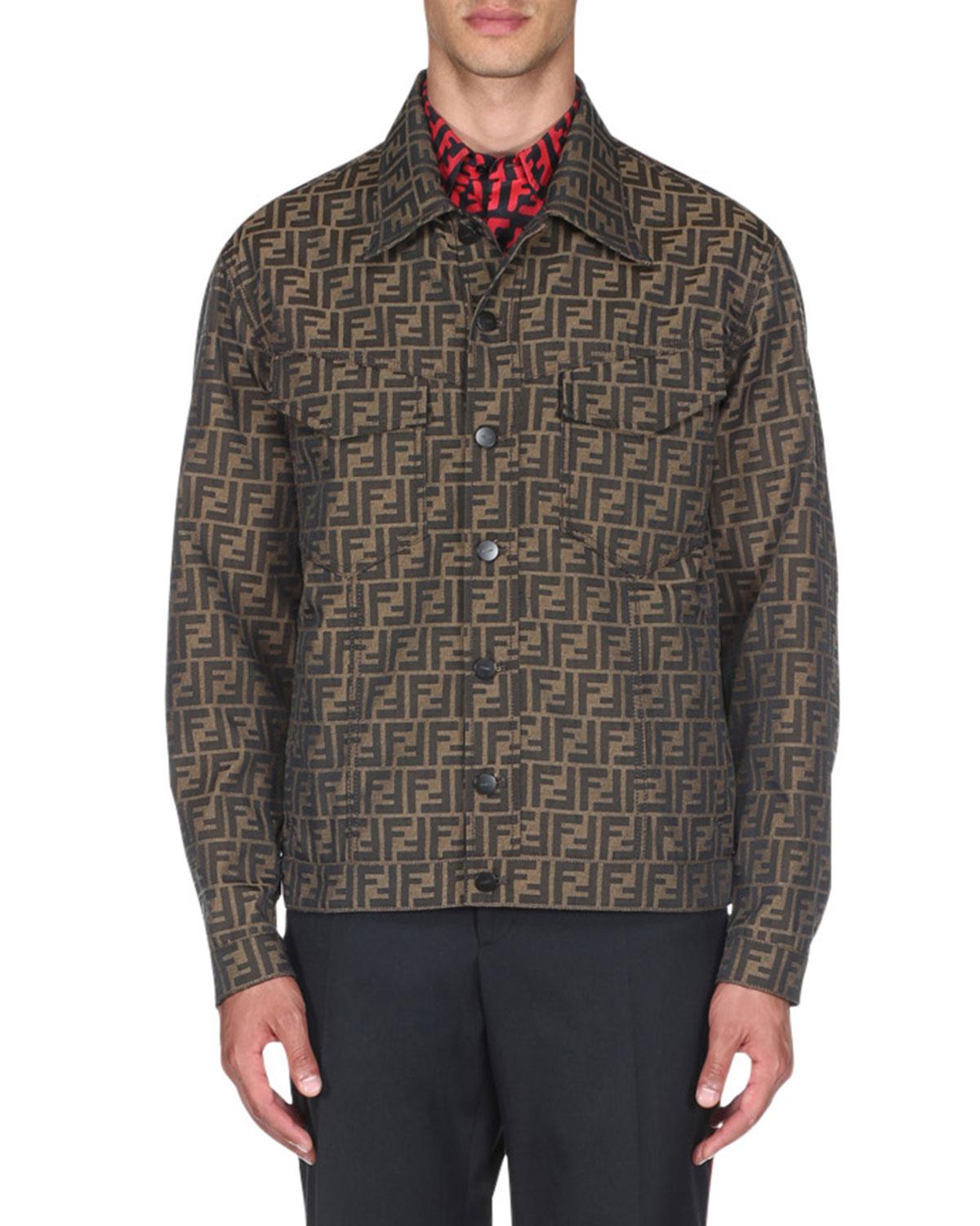 Fendi Men's Logo-jacquard Denim Jacket in Brown for Men | Lyst