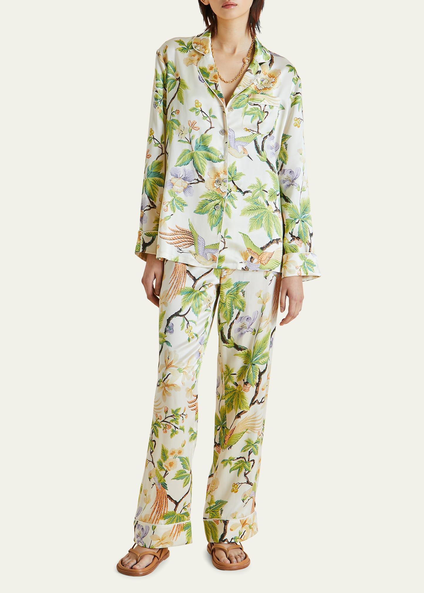 Olivia Von Halle Lila Floral Print Silk Pajama Set In Green Lyst