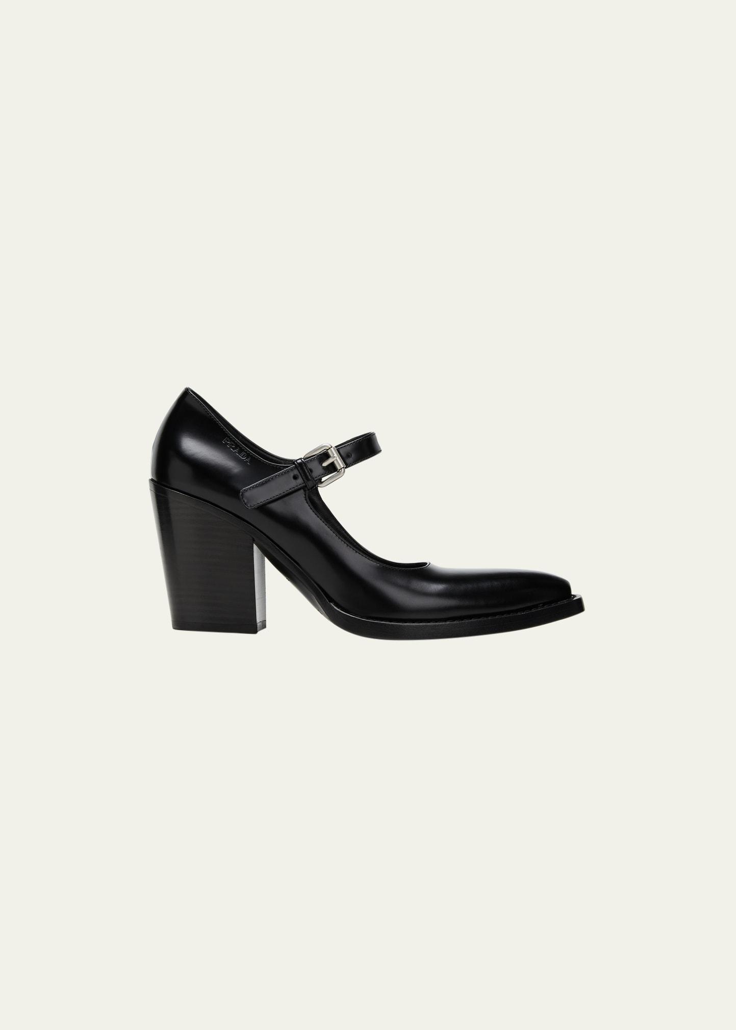 Prada Leather Mary Jane Block Heel Pumps in Black Lyst