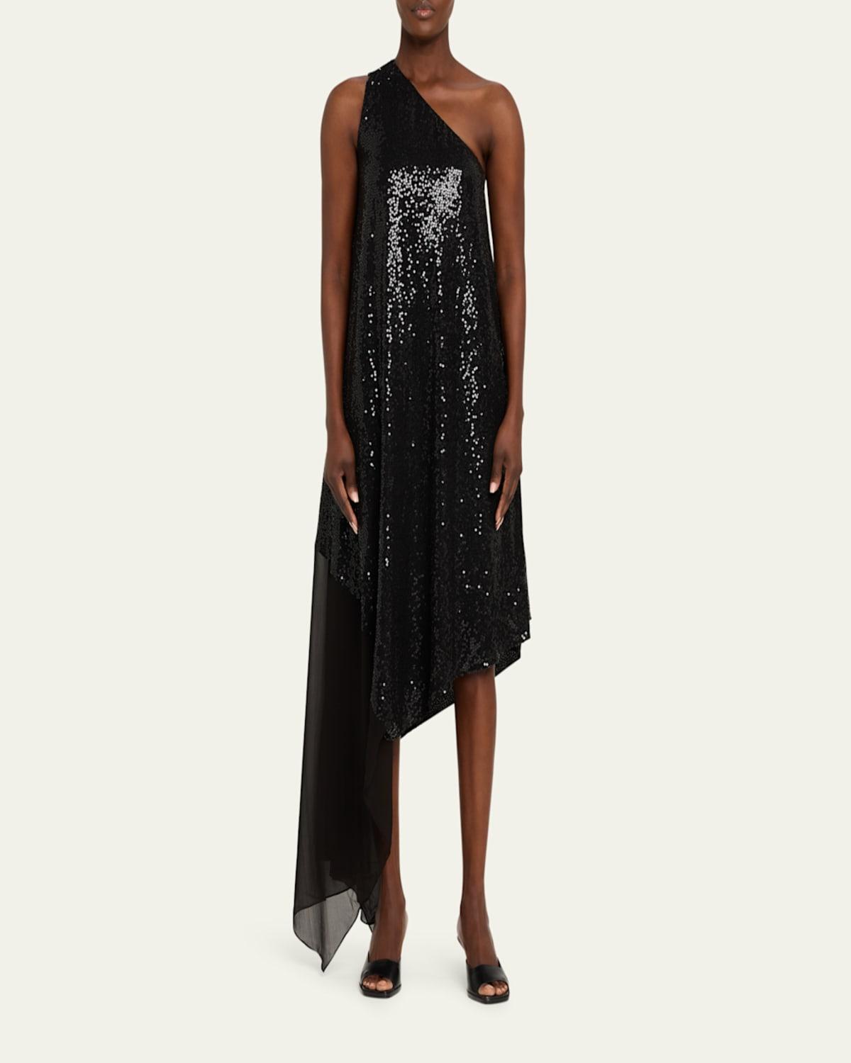 elegant occasion black sequin one-shoulder midi dress Bella and Bloom Boutique
