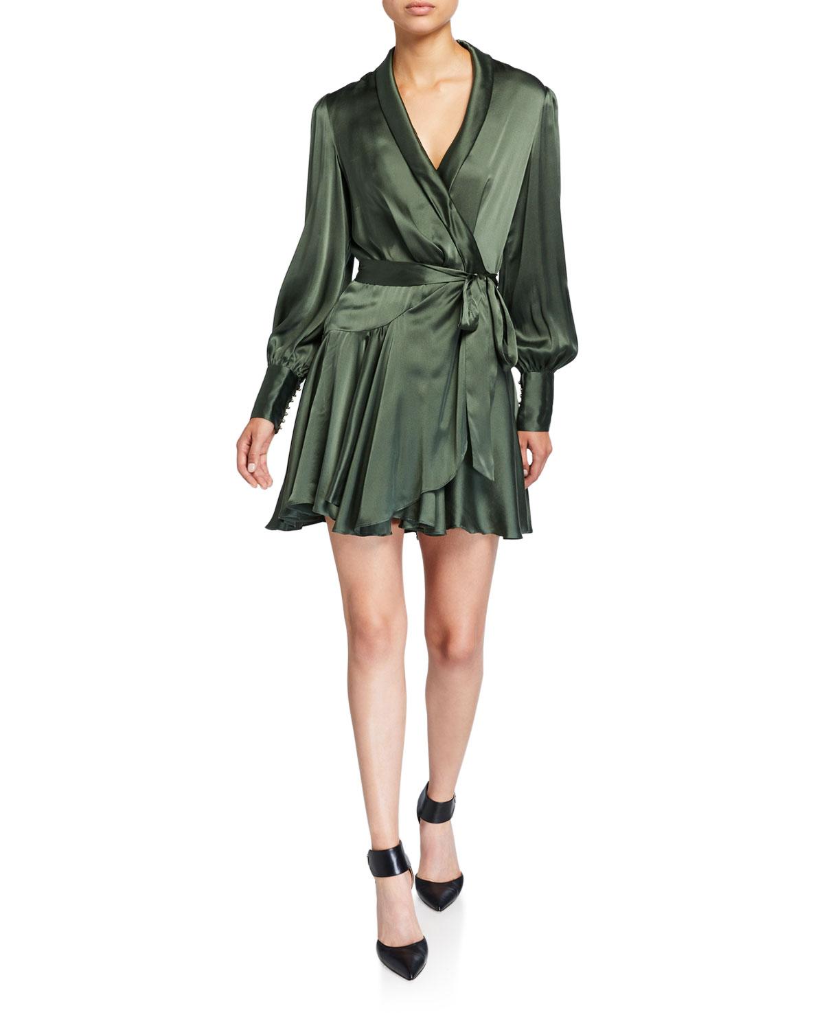 Zimmermann Espionage Longsleeve Silk Mini Wrap Dress in Green Lyst