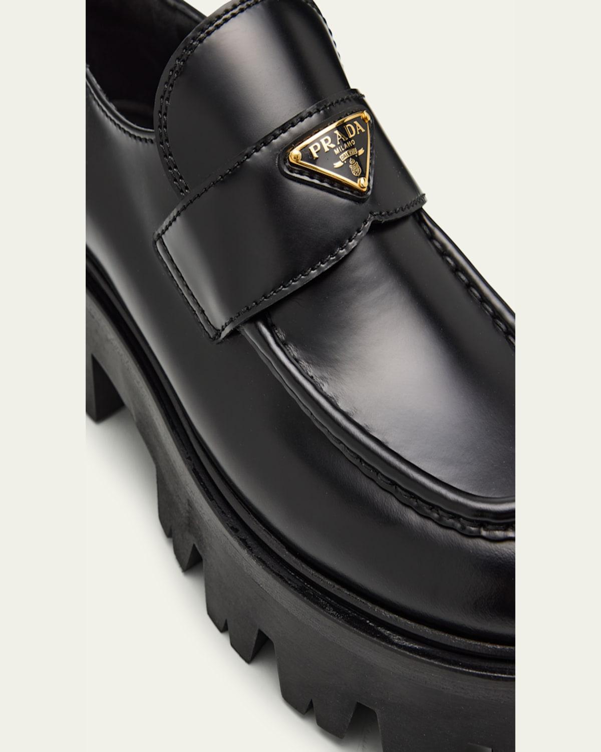 Prada Platform Leather Triangle Logo Loafers in Black | Lyst display picture 1
