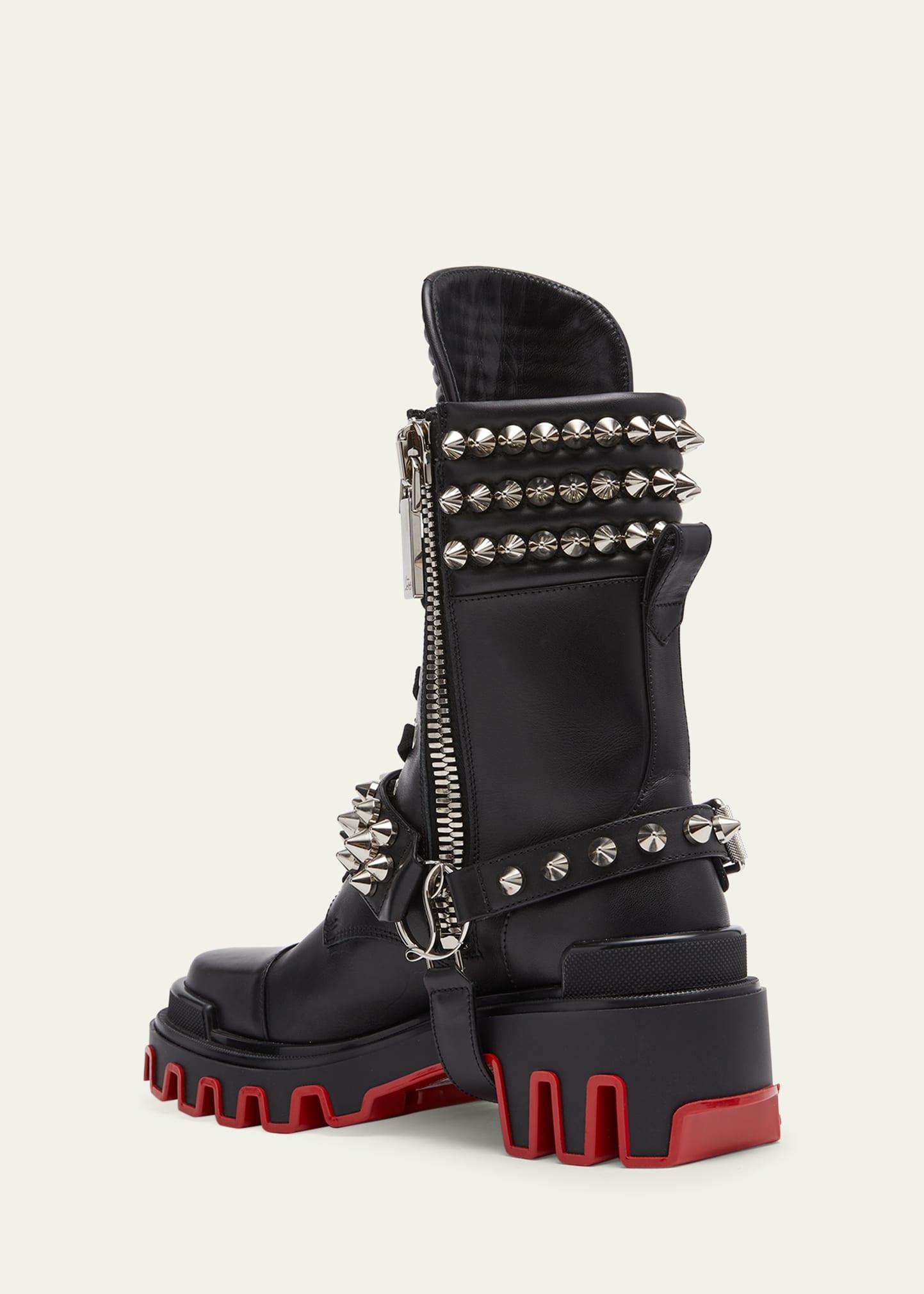 Christian Louboutin Janetta Red Sole Spike Leather Biker Boots in Black
