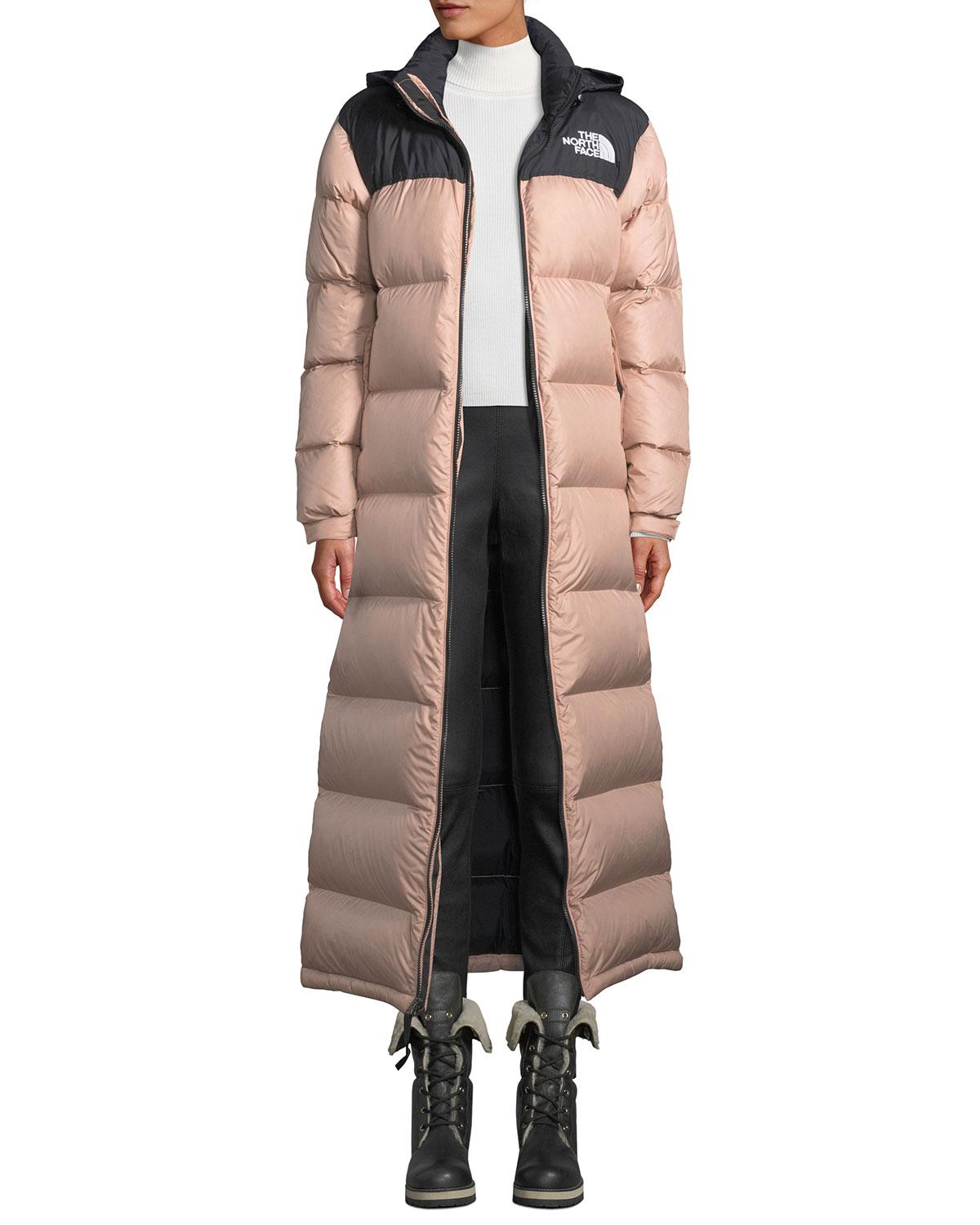 The North Face Goose Nuptse Long Duster Puffer Coat W/ Packable Hood in ...