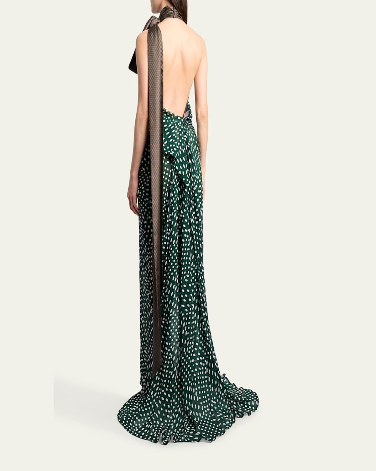 Dries Van Noten Draped Silk Satin Halter-Neck Gown in Green | Lyst