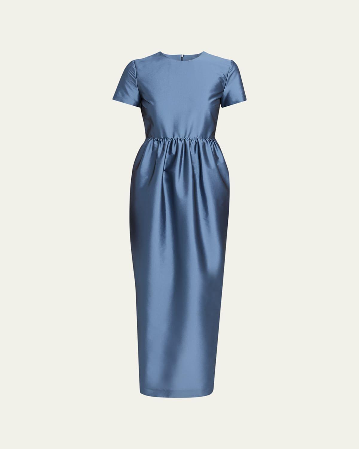 lavender wedding guest dress Ruched Top Satin Pleated Tea Length Dress