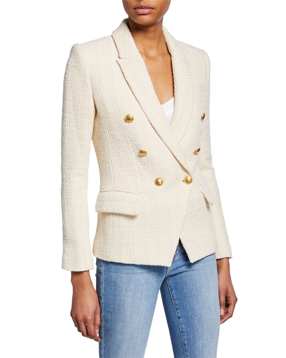 L'Agence Kenzie Double-breasted Tweed Blazer in Ivory (White) - Lyst