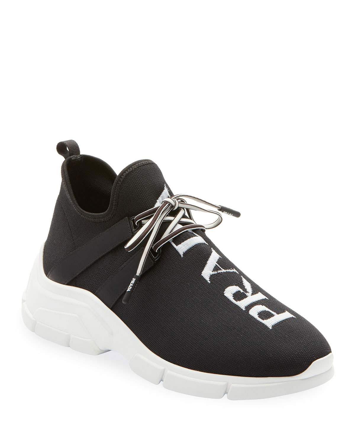 Prada Rubber Knit Logo Lace Up Sneakers In Black White Black Lyst