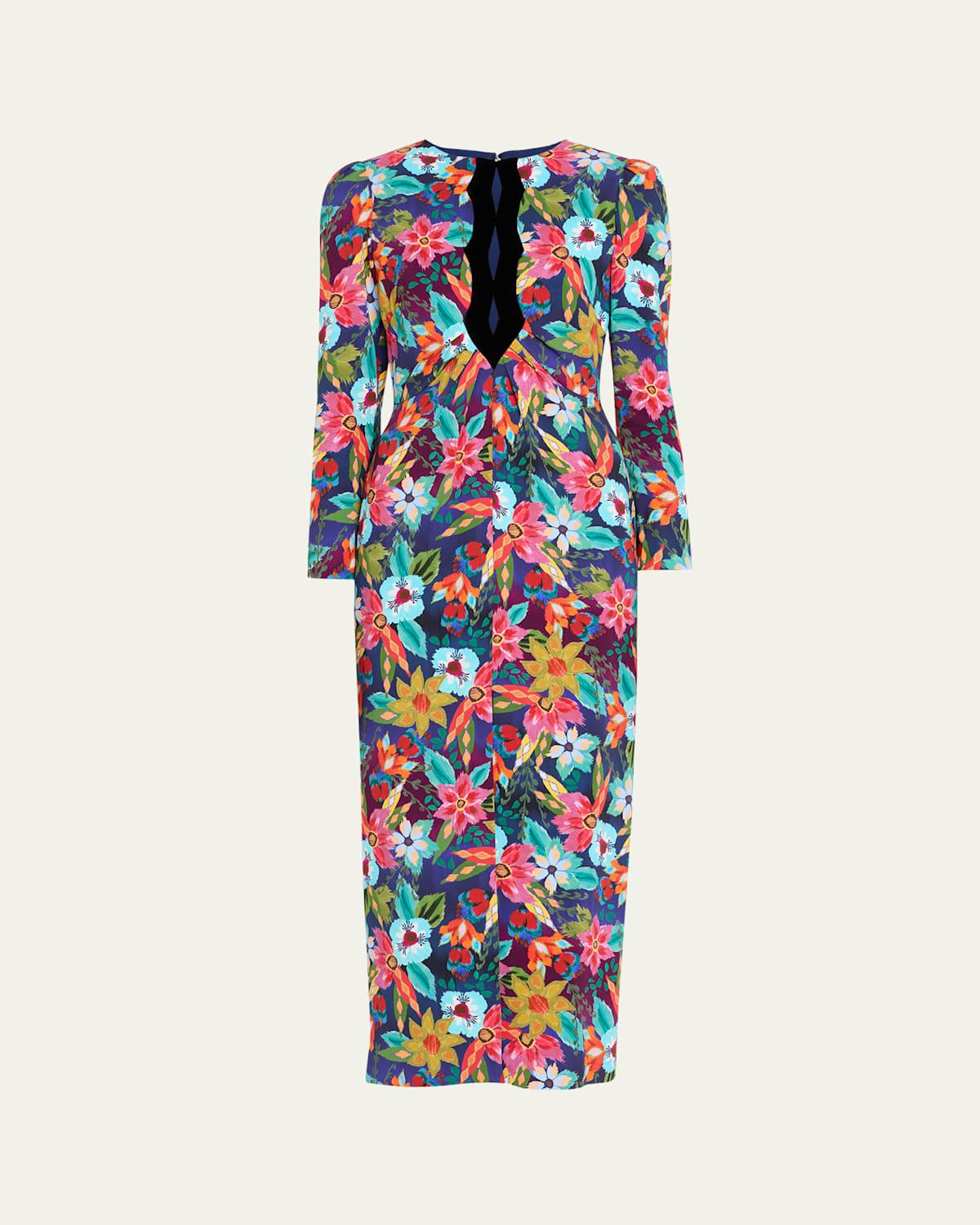 VIP【関税送料無料】希少 SALONI MULTICOLOR DRESS Saloni Rosalind Floral V-neck Tie-waist Ruffled Chiffon Midi