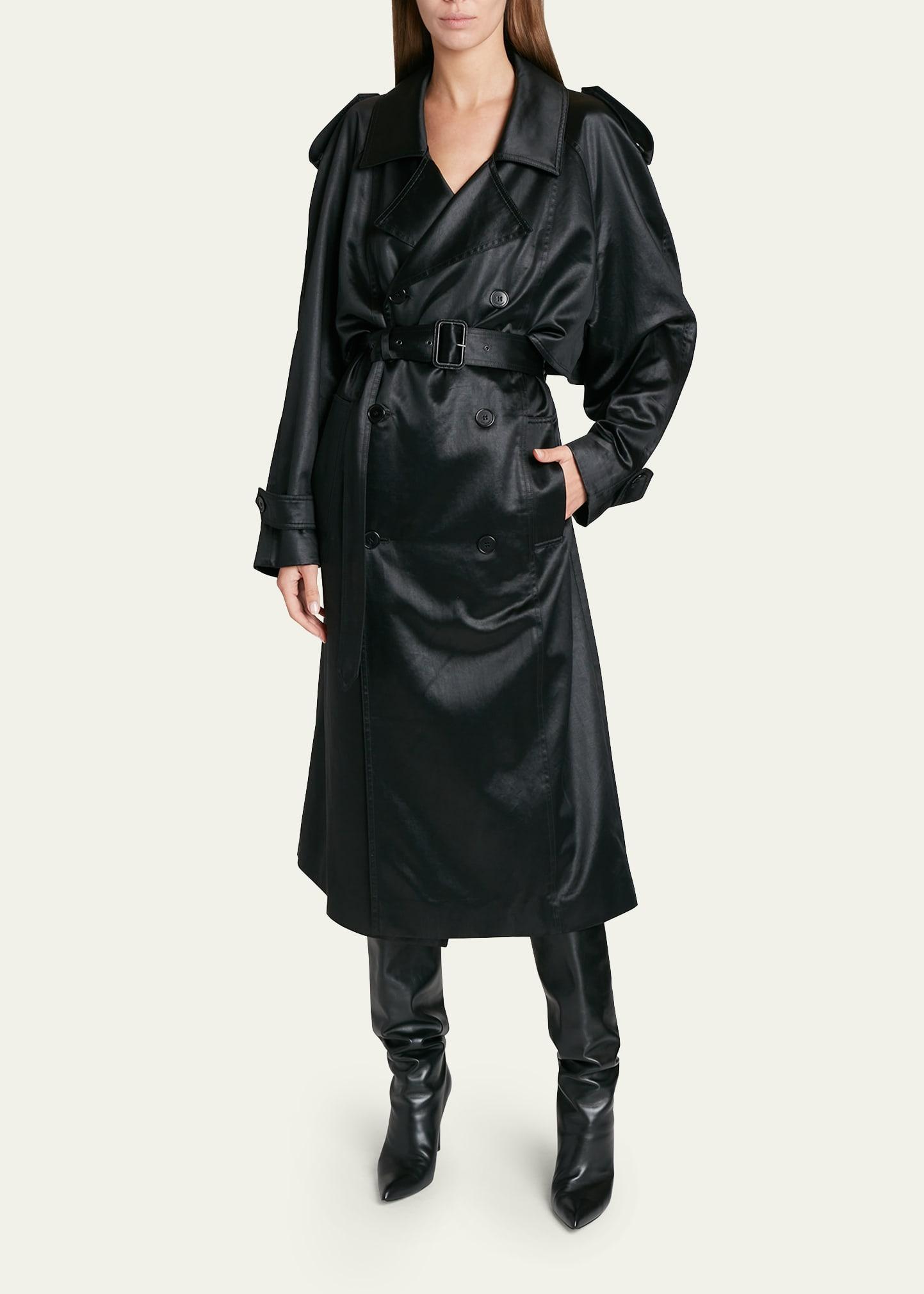 Saint Laurent Satin Double-breasted Belted Trench Coat in Black | Lyst