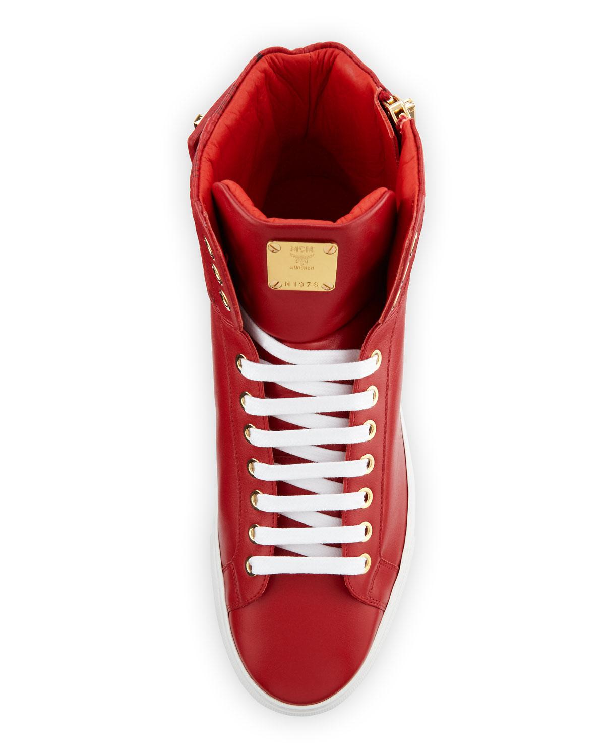 Download MCM Collection Leather High-top Sneaker in Red - Lyst