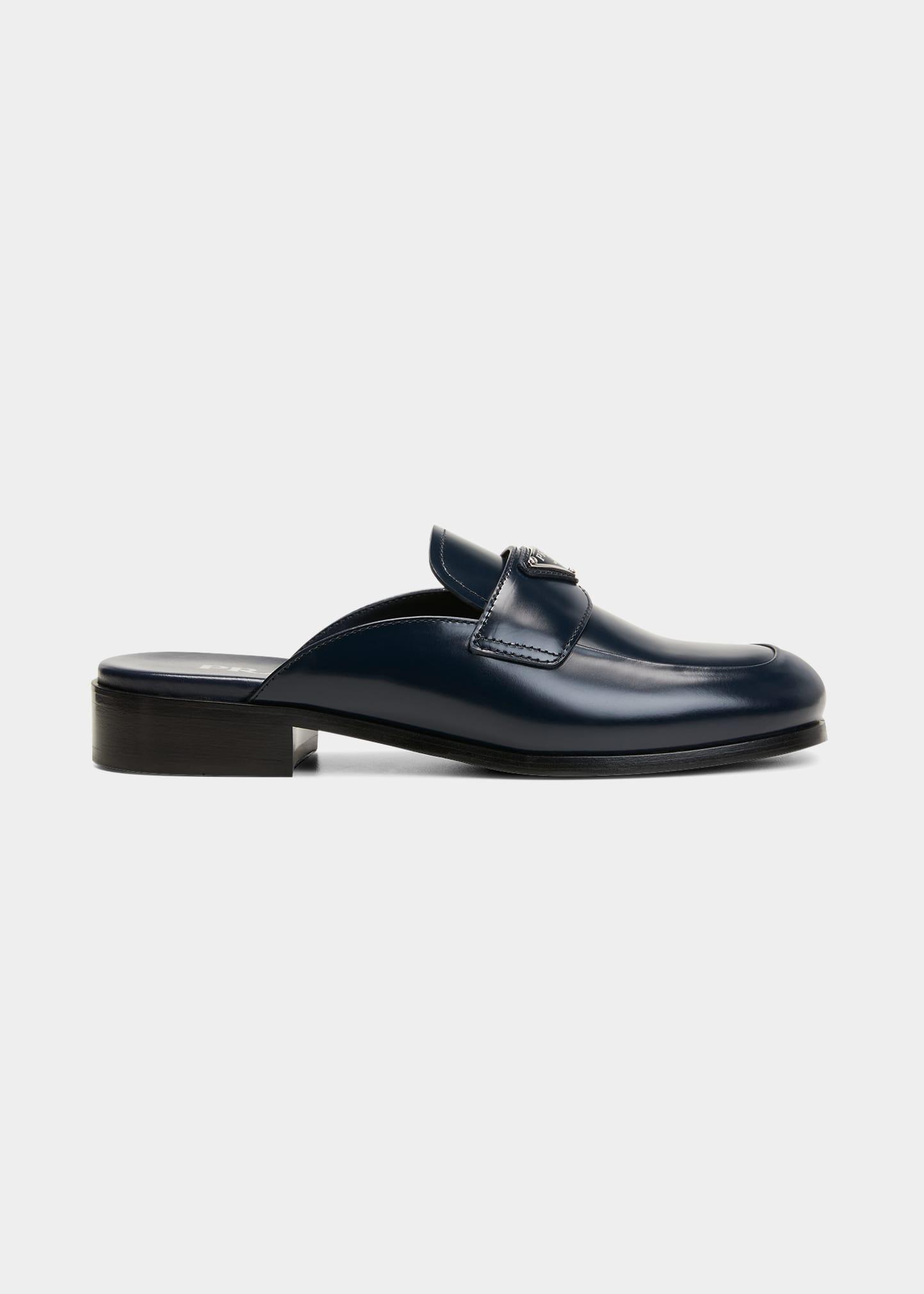 Prada Leather Loafer Slide Mules in Blue | Lyst