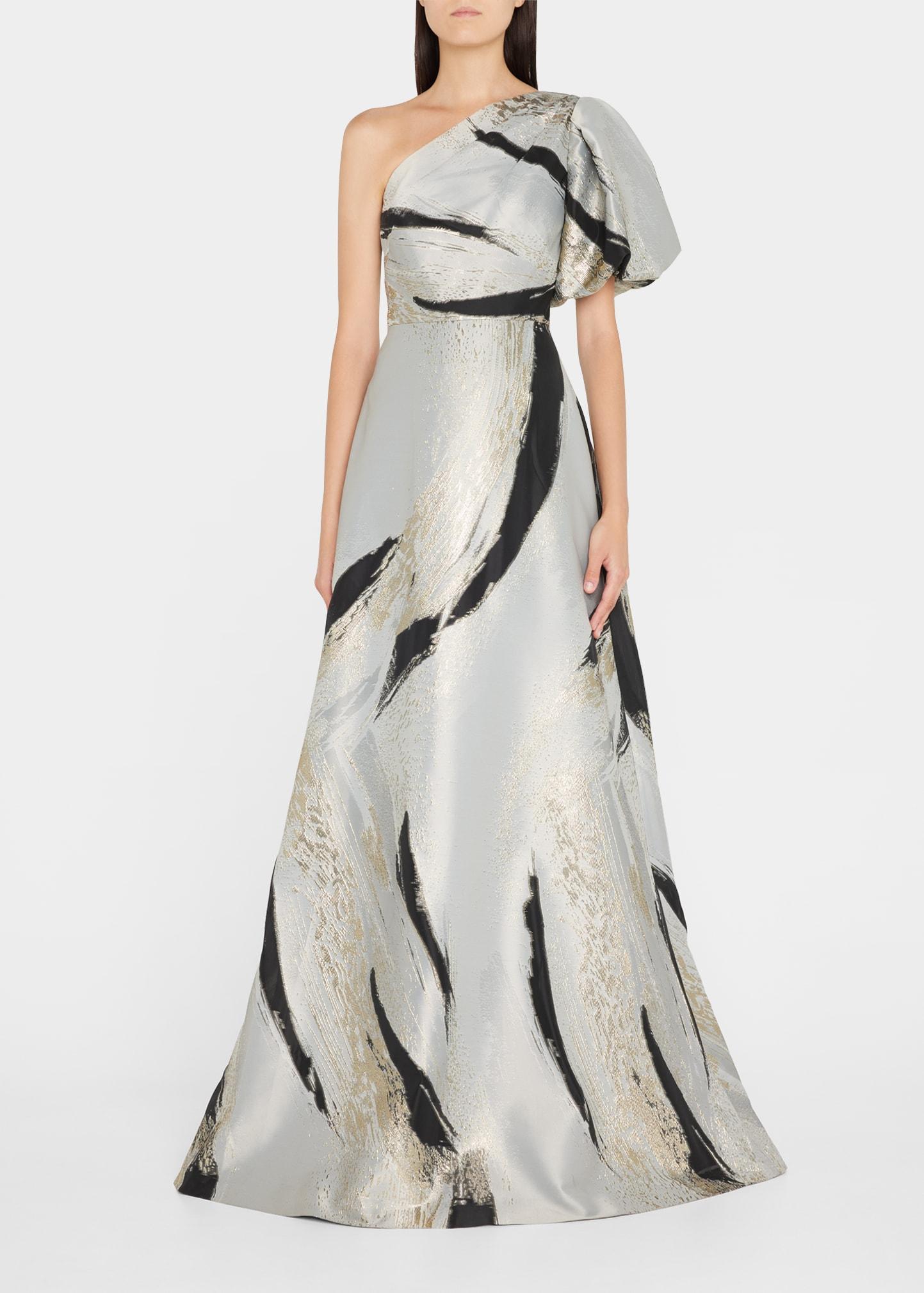 Teri Jon Oneshoulder Puffsleeve Jacquard Gown in White Lyst