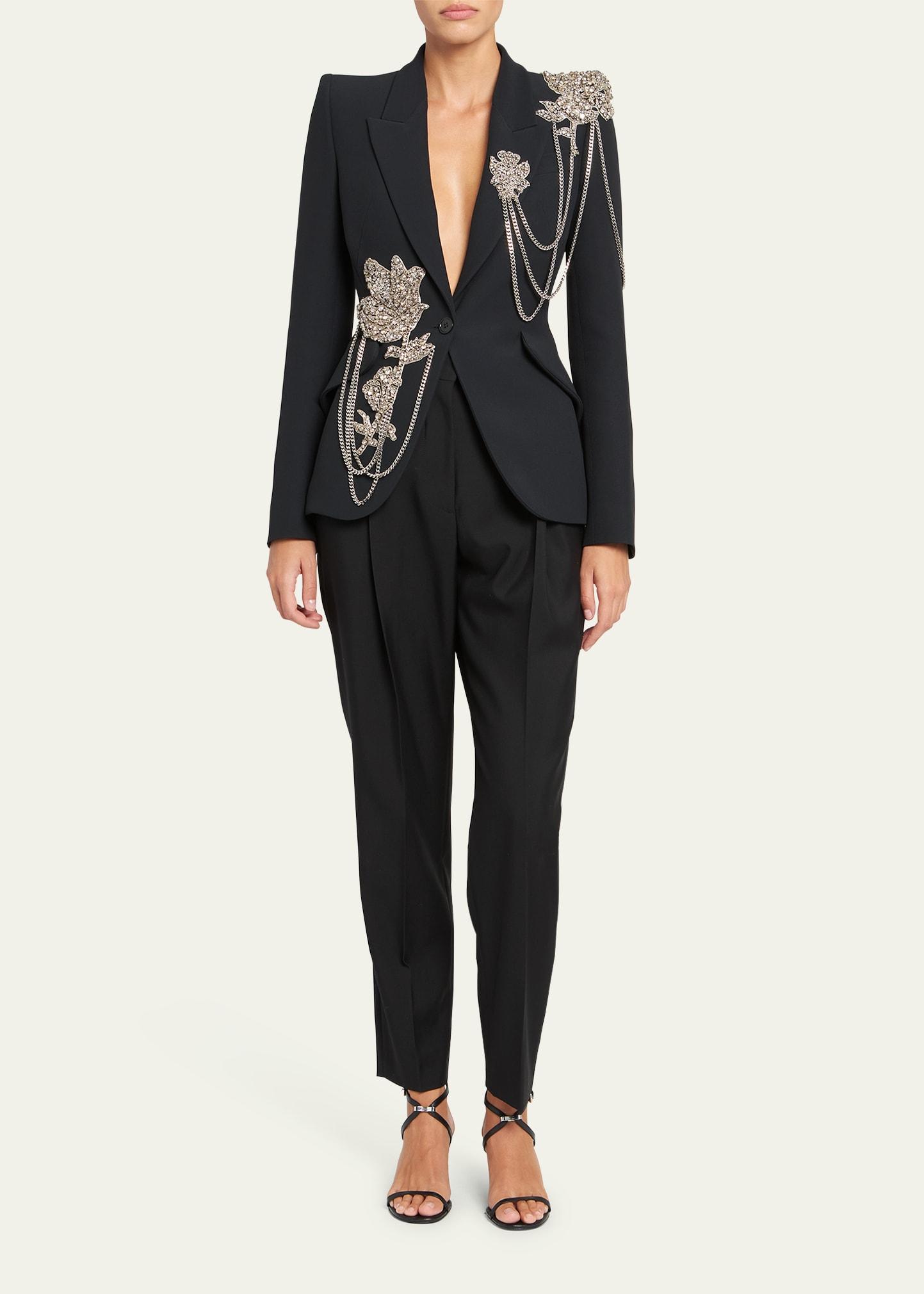Alexander McQueen Peak Shlouder Blazer Jacket With Floral Crystal Chain  Detail in Black | Lyst