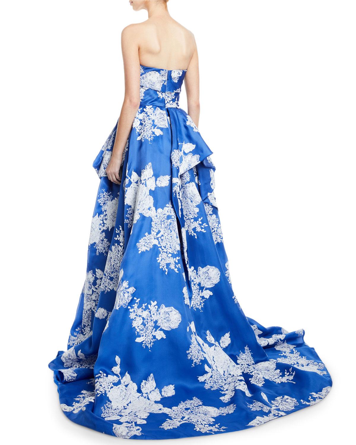 blue and white floral gown