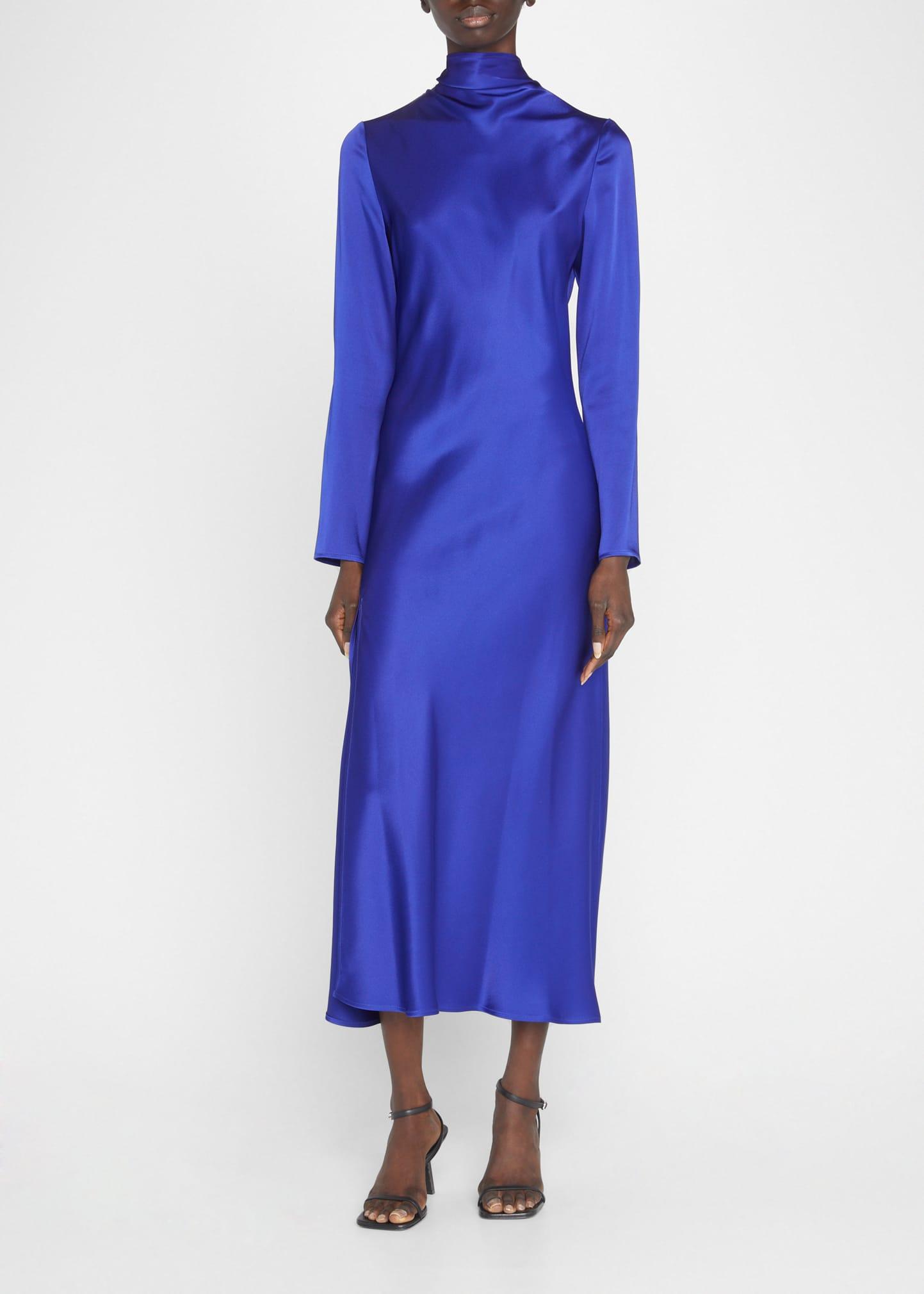 LAPOINTE Draped-neck Bias-cut Satin Midi Slit Dress in Blue | Lyst