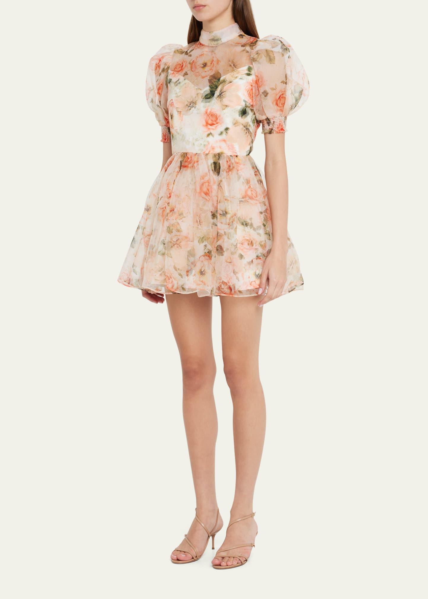 Alice + Olivia Vernita Puff-sleeve Floral Organza Mini Dress in