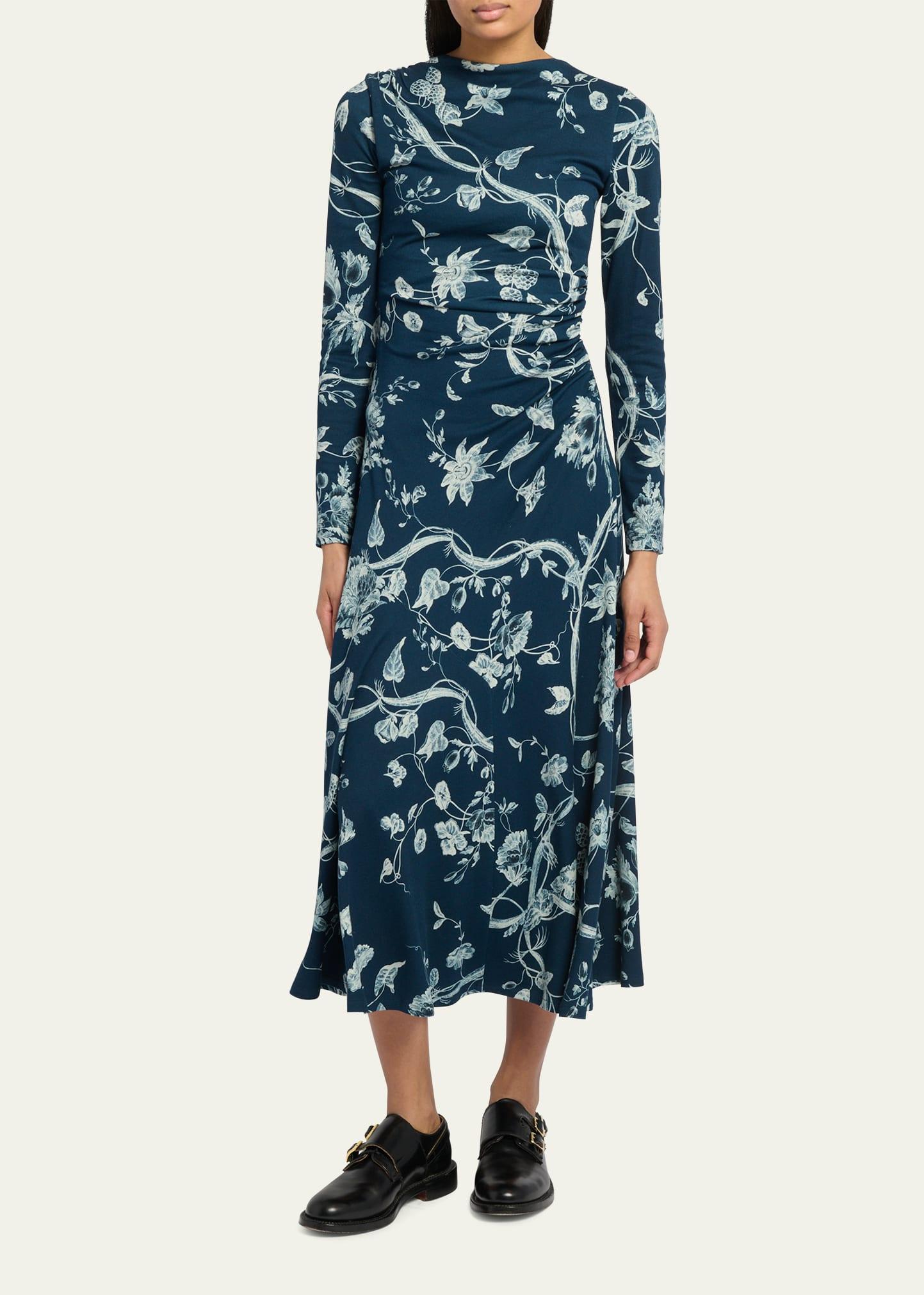 Erdem Floral-print Long-sleeve Drawstring Ruched Midi Dress in