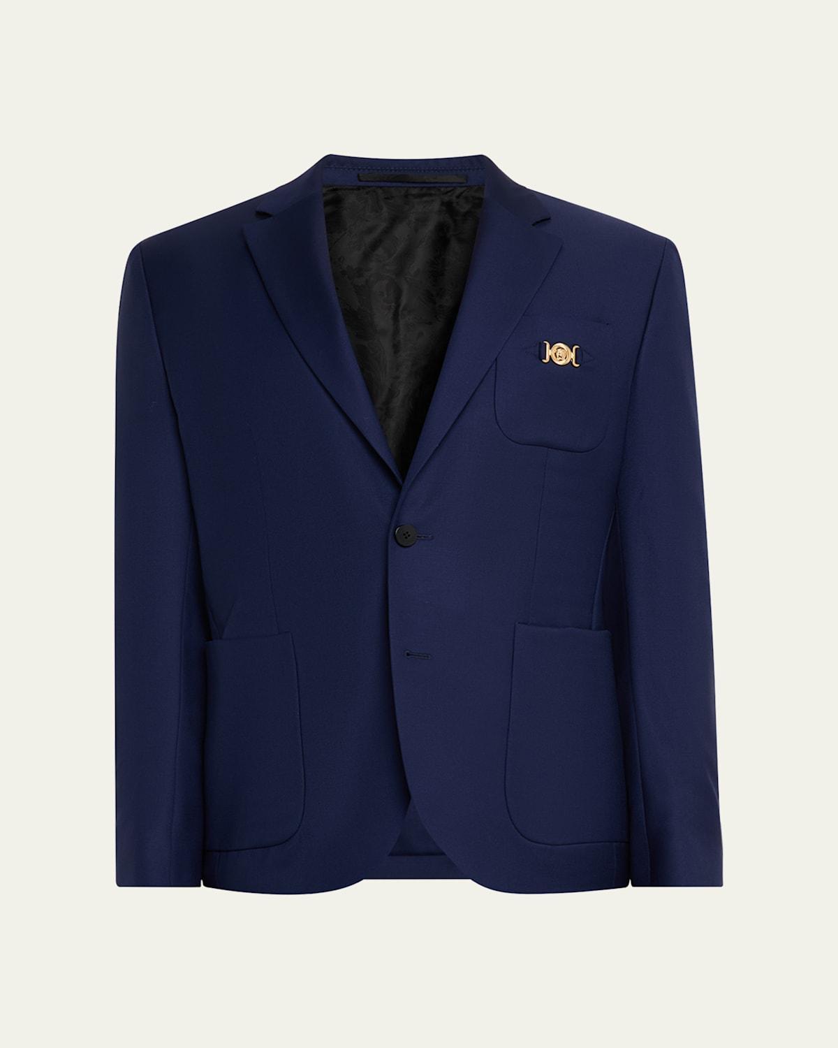 【関税&送料込】Versace Blue Stretch Wool Blazer Wool Single-Breasted DV Blazer Blue | VERSACE