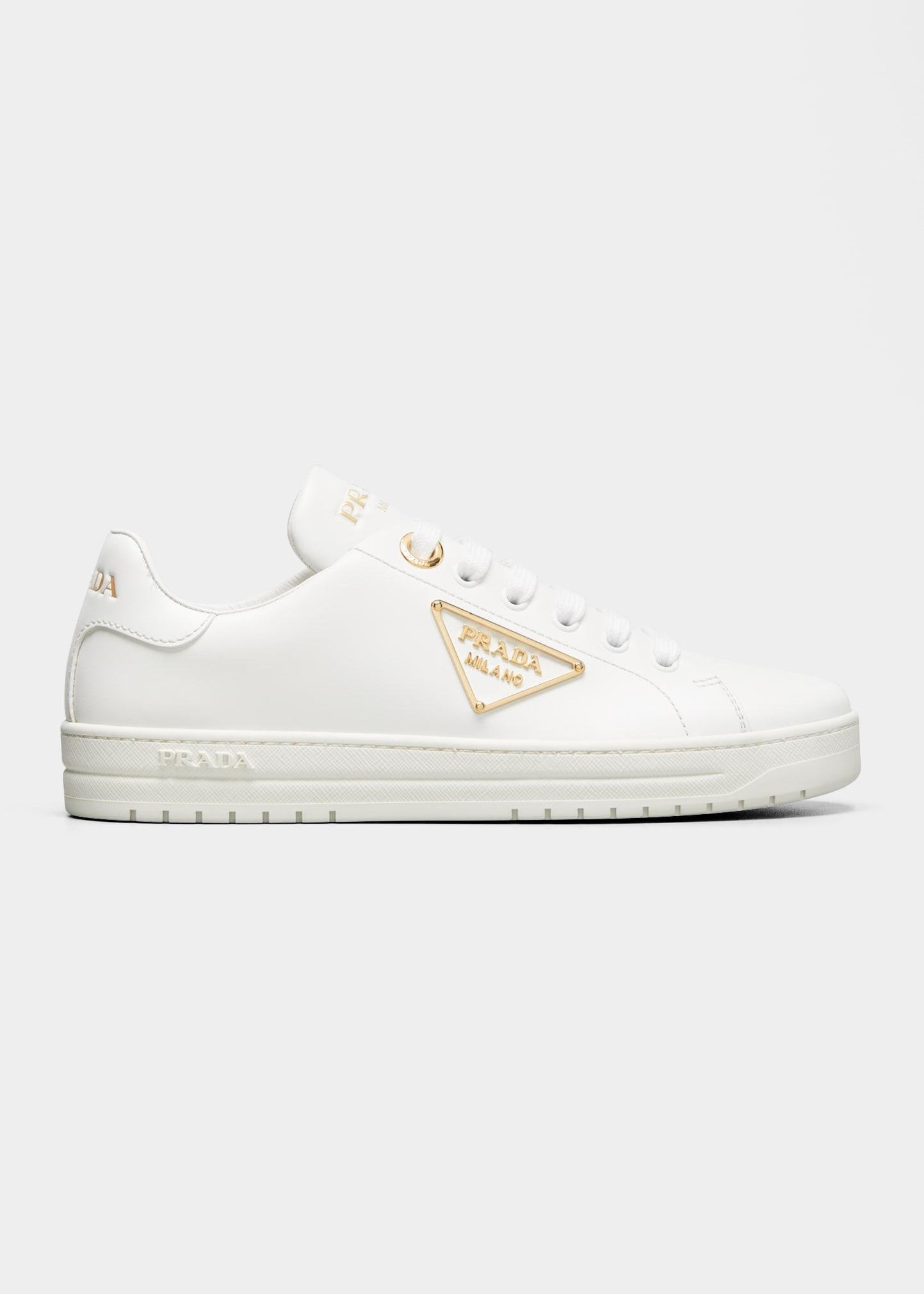 Prada Downtown Leather Tonal Sneakers With Metal Logo in White | Lyst