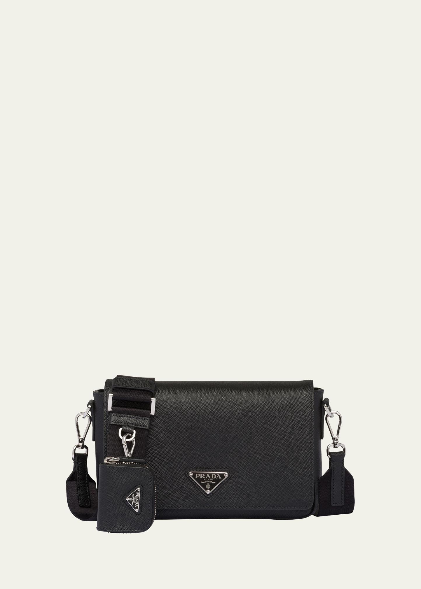Prada Black Saffiano Leather and Nylon Logo Flap Shoulder Bag Prada