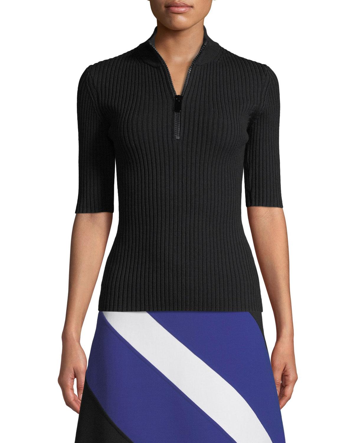 Download Michael Kors Mock-neck Zip-front Elbow-sleeve Ribbed ...