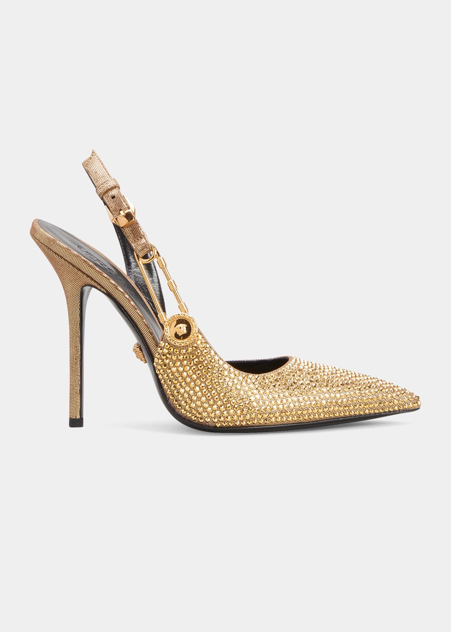 Versace Safety Pin Embellished Slingback Pumps in Metallic | Lyst