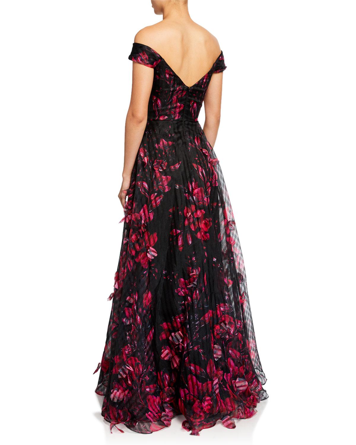 Marchesa notte Synthetic Off-the-shoulder Floral-printed Striped ...