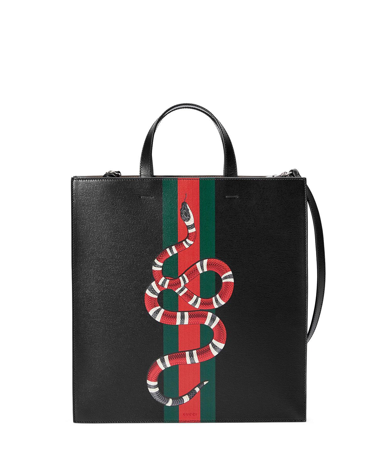 Gucci Web & Snake Leather Tote Bag in Black - Lyst