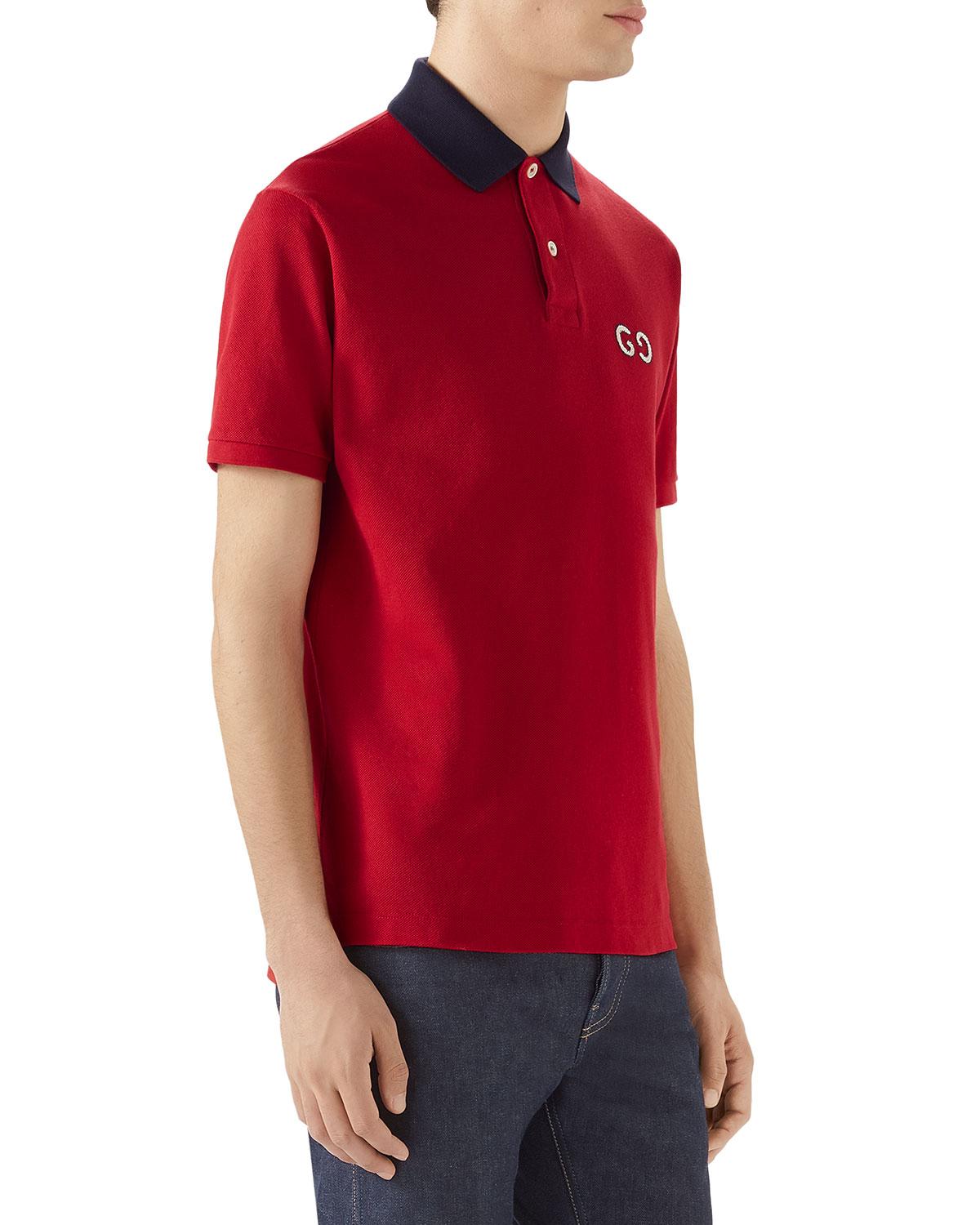 Gucci Cotton Men's Pique Polo Shirt W/ GG Patch in Blue/Red (Red) for ...