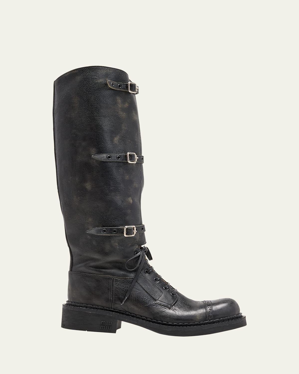 Miu Miu Antic Buckle Distressed Leather Knee-High Boots in Miu Miu Antic Buckle Distressed Leather Knee-High Boots in