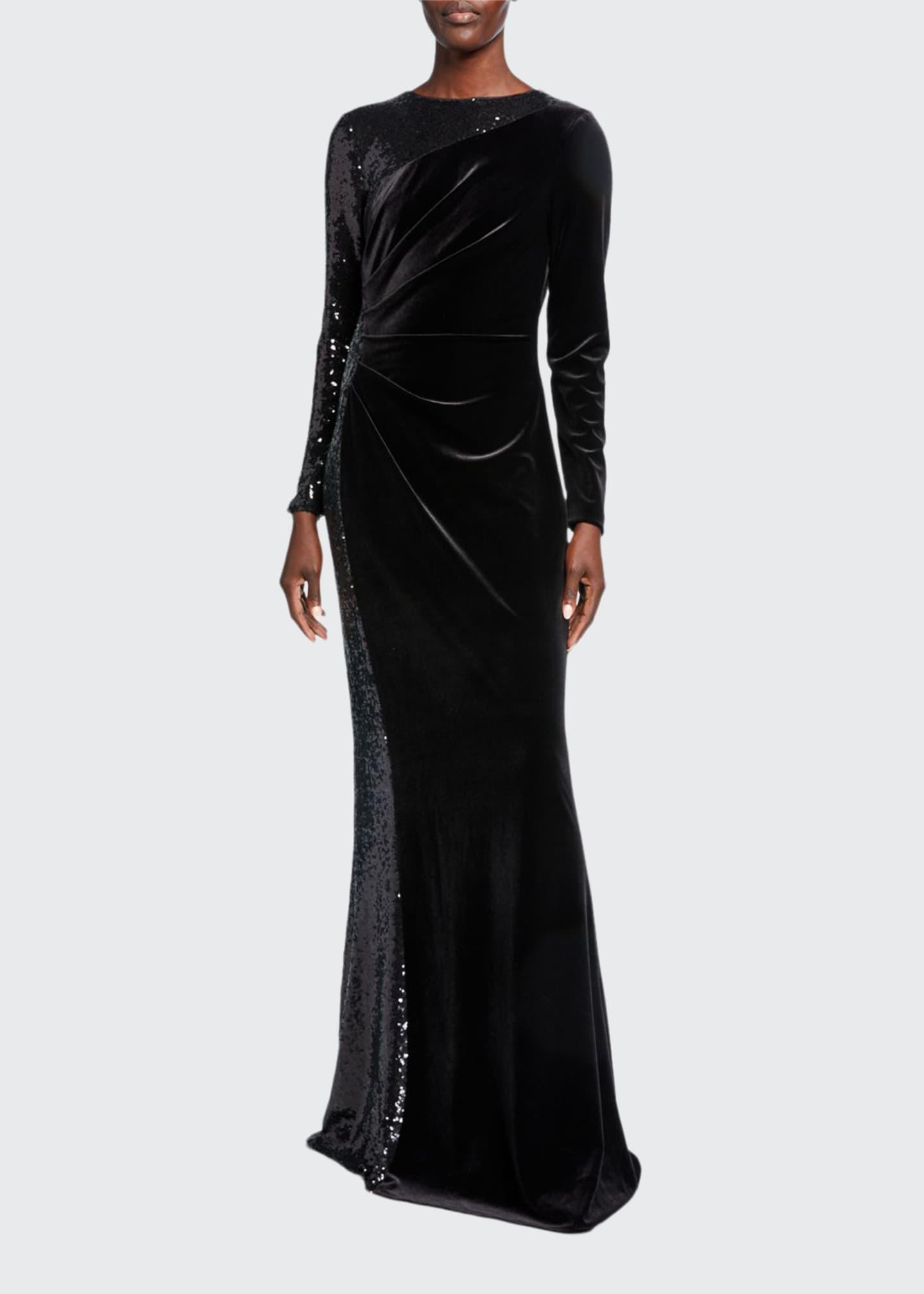 Teri Jon Jewel-neck Long-sleeve Velvet Gown W/ Sequined Side in Black ...