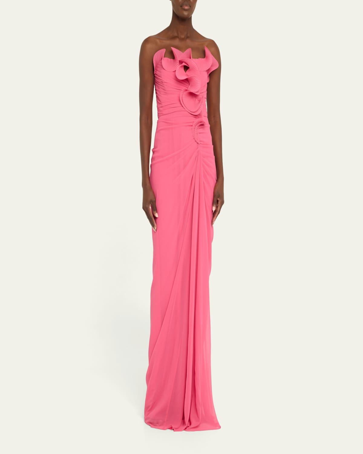 chinese dress ladies Strapless Pink Ruffle Maxi Dress  Mesh Ruched Party Dress  Luxxe Apparel