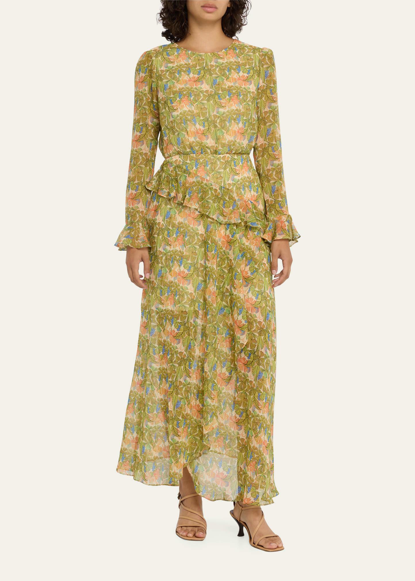 Saloni tamara floral silk ruffle gown shop