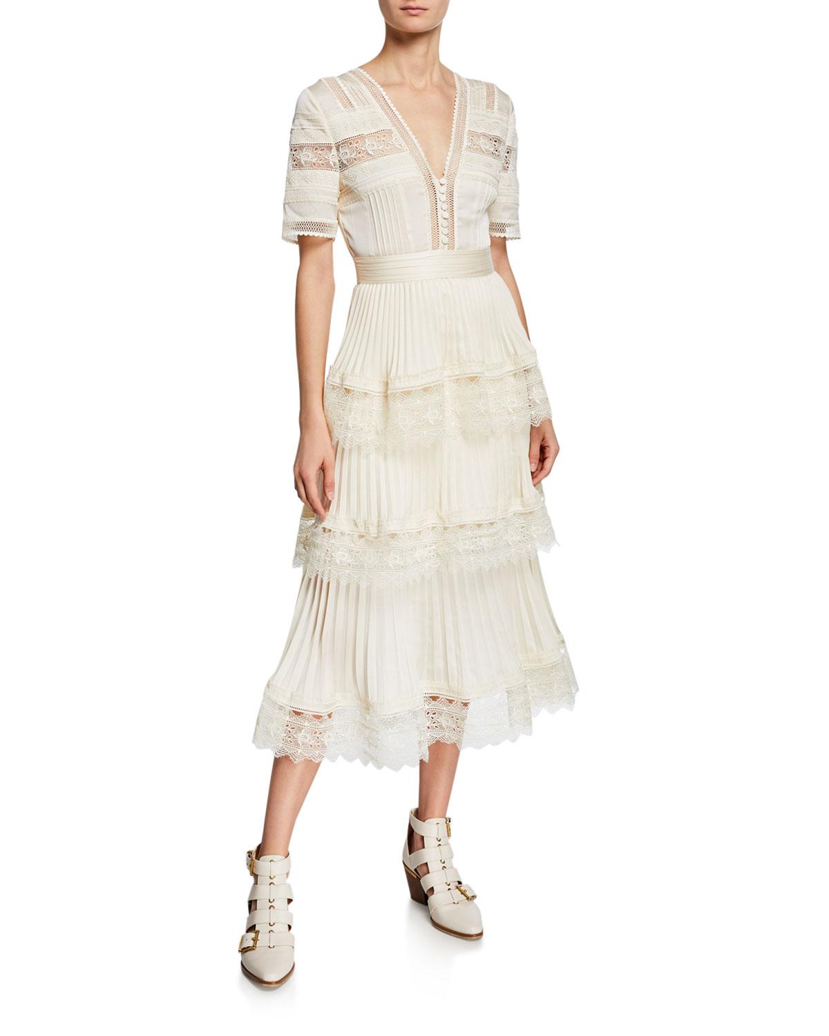 self portrait cream tiered midi dress